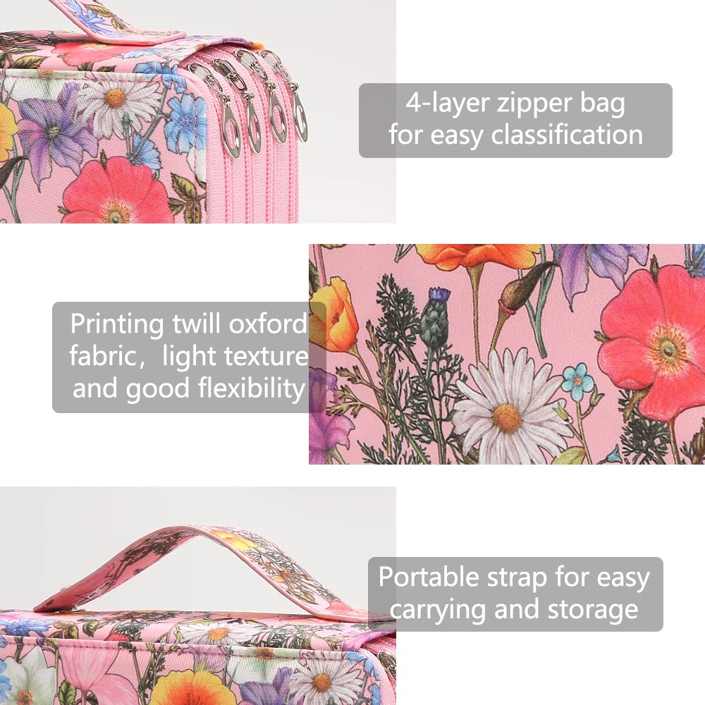 Vomgomfom 200 Slots Pencil Case 4-Layer PU Leather, Handle, Pink Flower