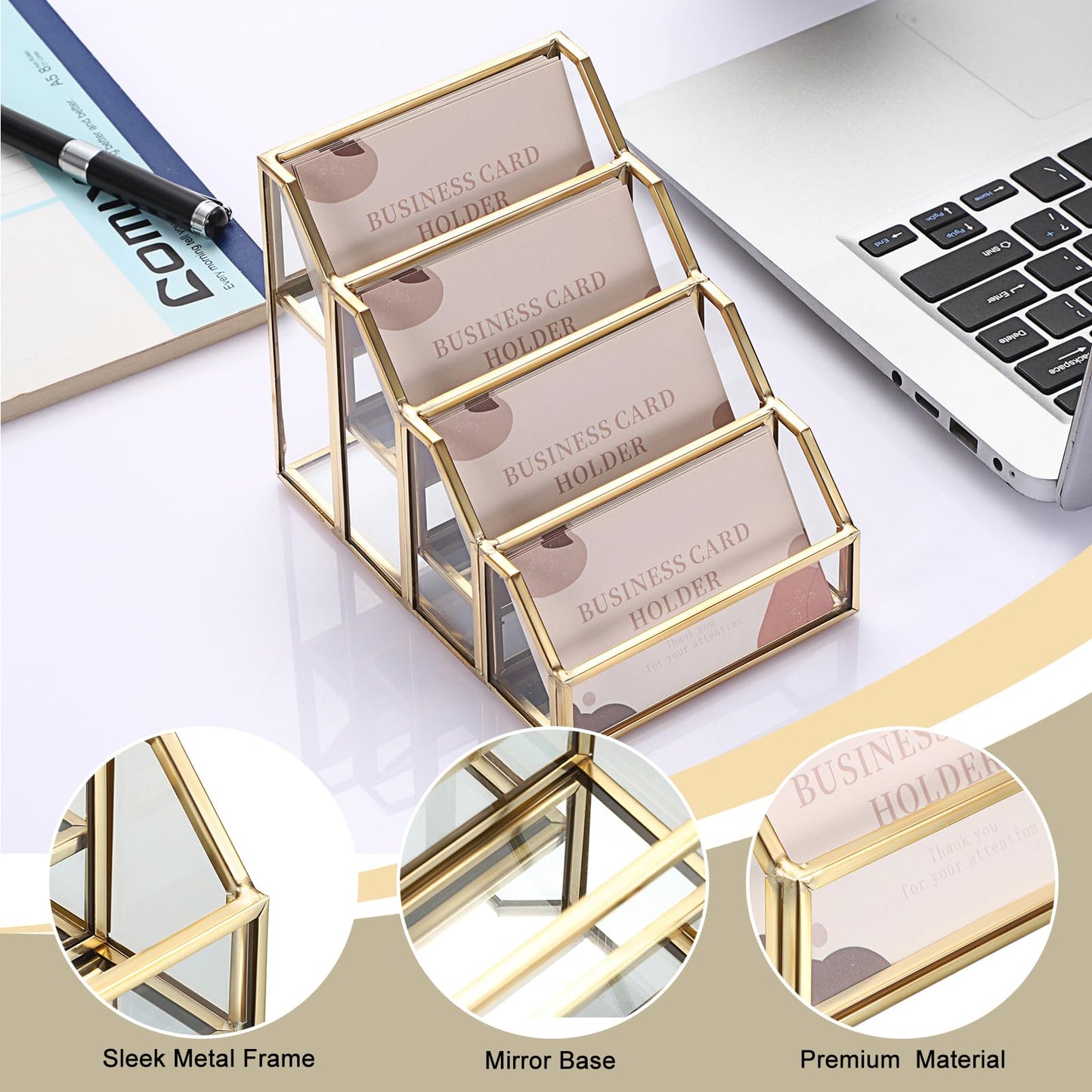 Hipiwe 4 Slots Glass Business Card Holder with Gold Metal Frame for Desktop