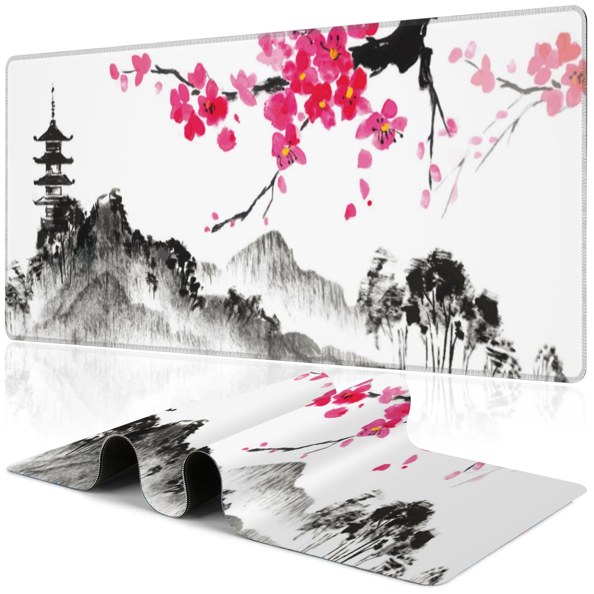 Chinese Ink Painting Desk Mat,Large Abstract Landscape Painting Gaming Keyboard Mouse Pad,Non-Slip