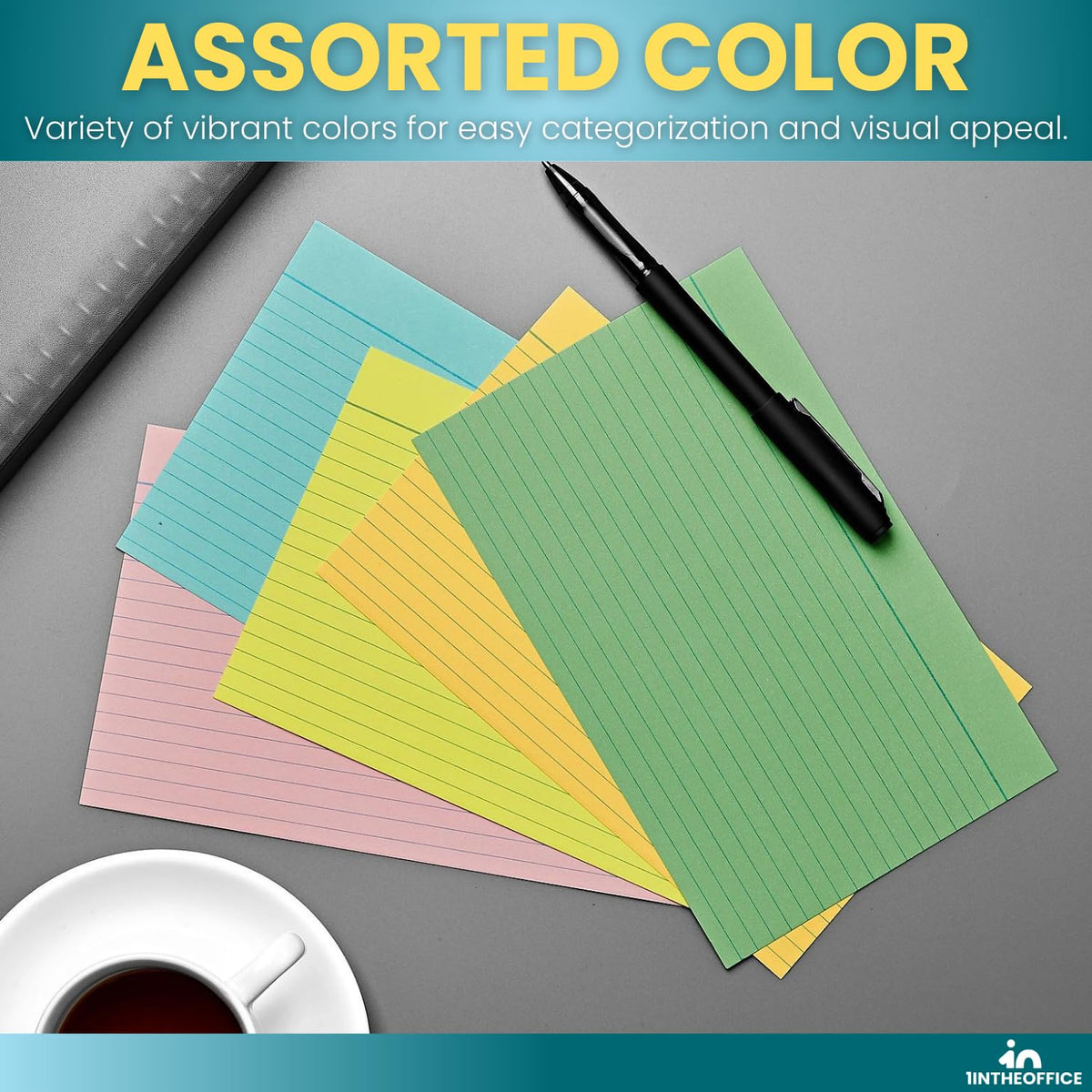 1InTheOffice Index Card 5x8 Ruled, Lined Note Cards, Flash Cards, Assorted Colors, 300/Pack