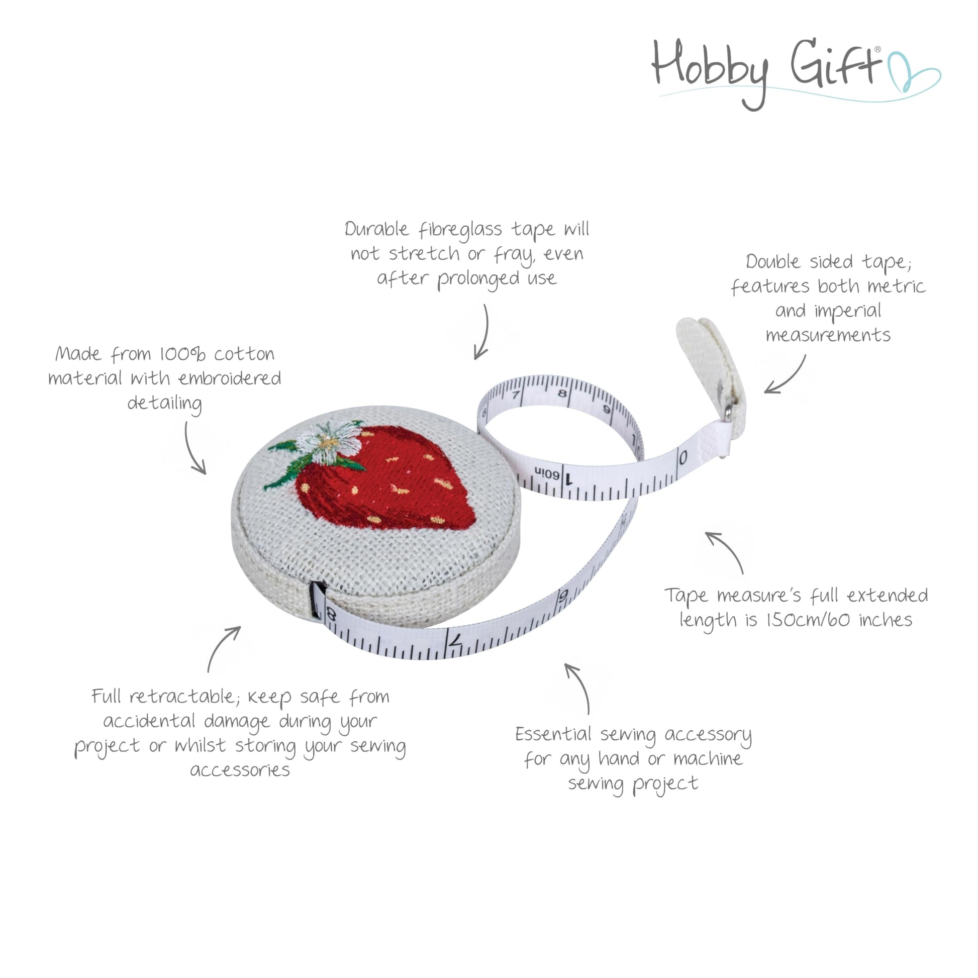 Hobby Gift Strawberry Sewing Box Gift Bundle with Matching 60 Inch Tape Measure and Pin Cushion