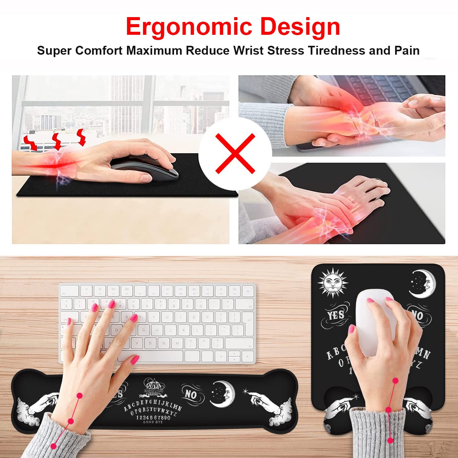 Wrist Rest Support Ergonomic Gel Mouse Pad & Memory Foam Keyboard Set, Non-Slip Rubber PU Base for