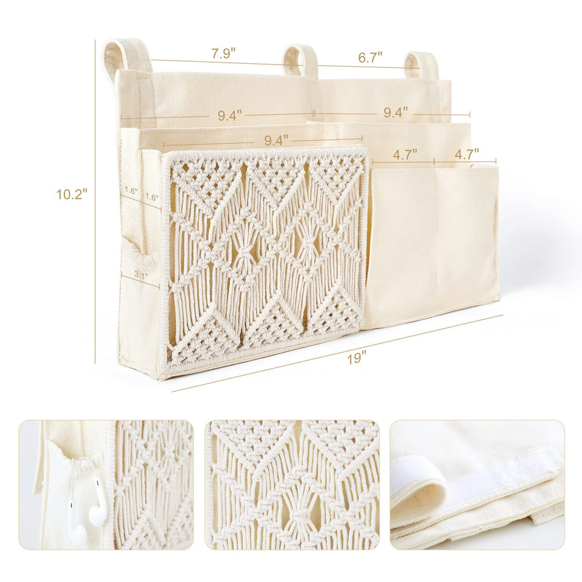Mkono Bedside Caddy, Macrame Bunk Bed Hanging Organizer, 7 Pockets Ivory