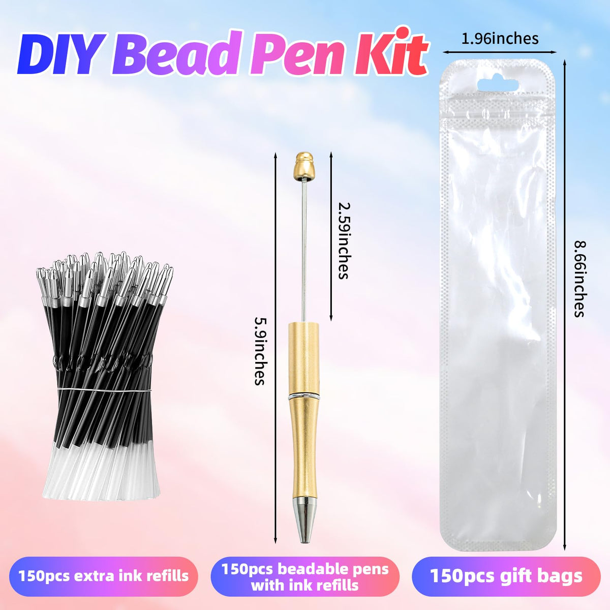 DASTTUIS 450 Pieces Beadable Pens - 150 Plastic Beadable Pens Bulk, Refills & Pen Bags Included