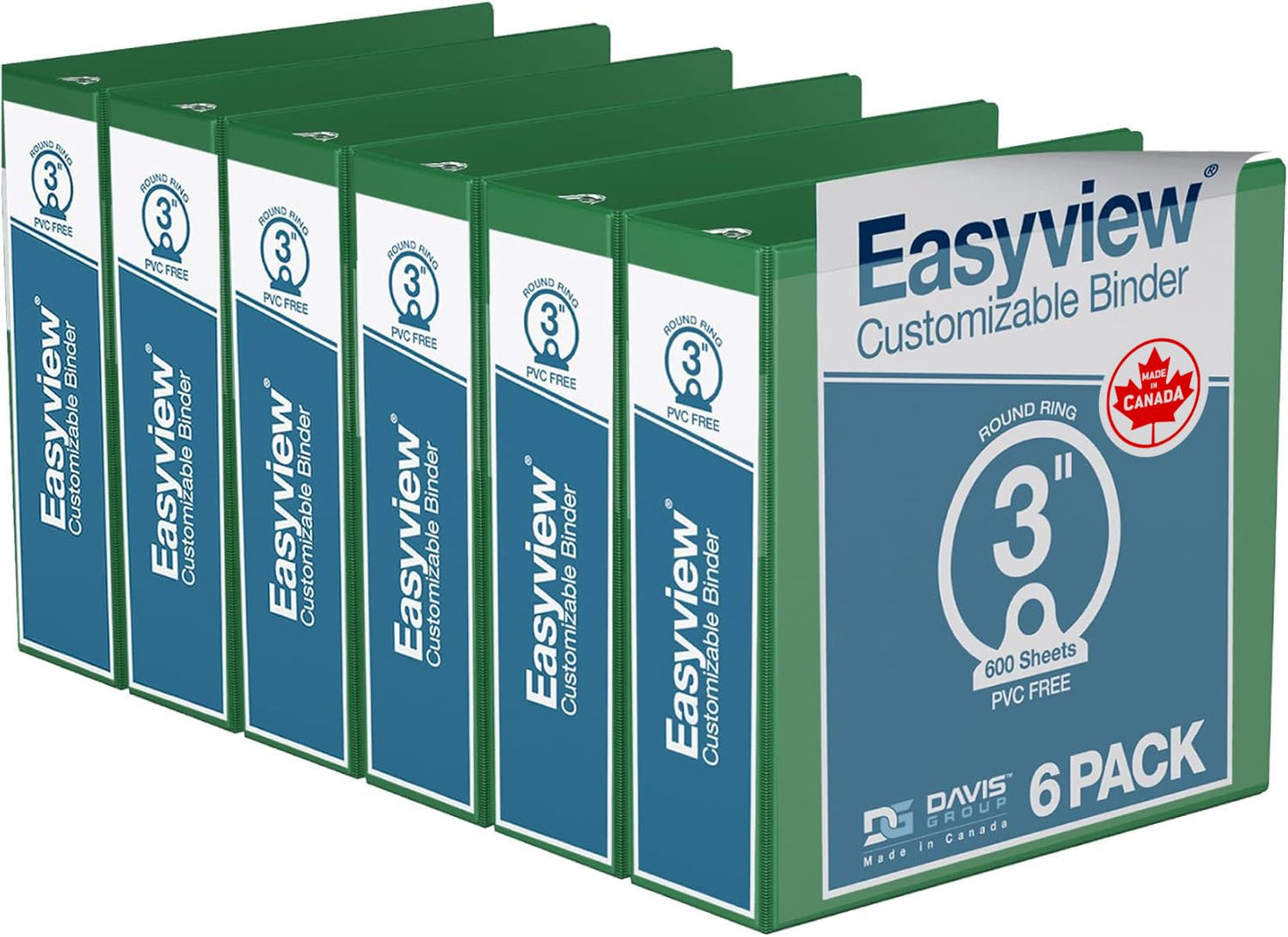 Easyview 3-Ring Binder, Clear-View Cover, 3" Round Rings, Green, 6 Pack