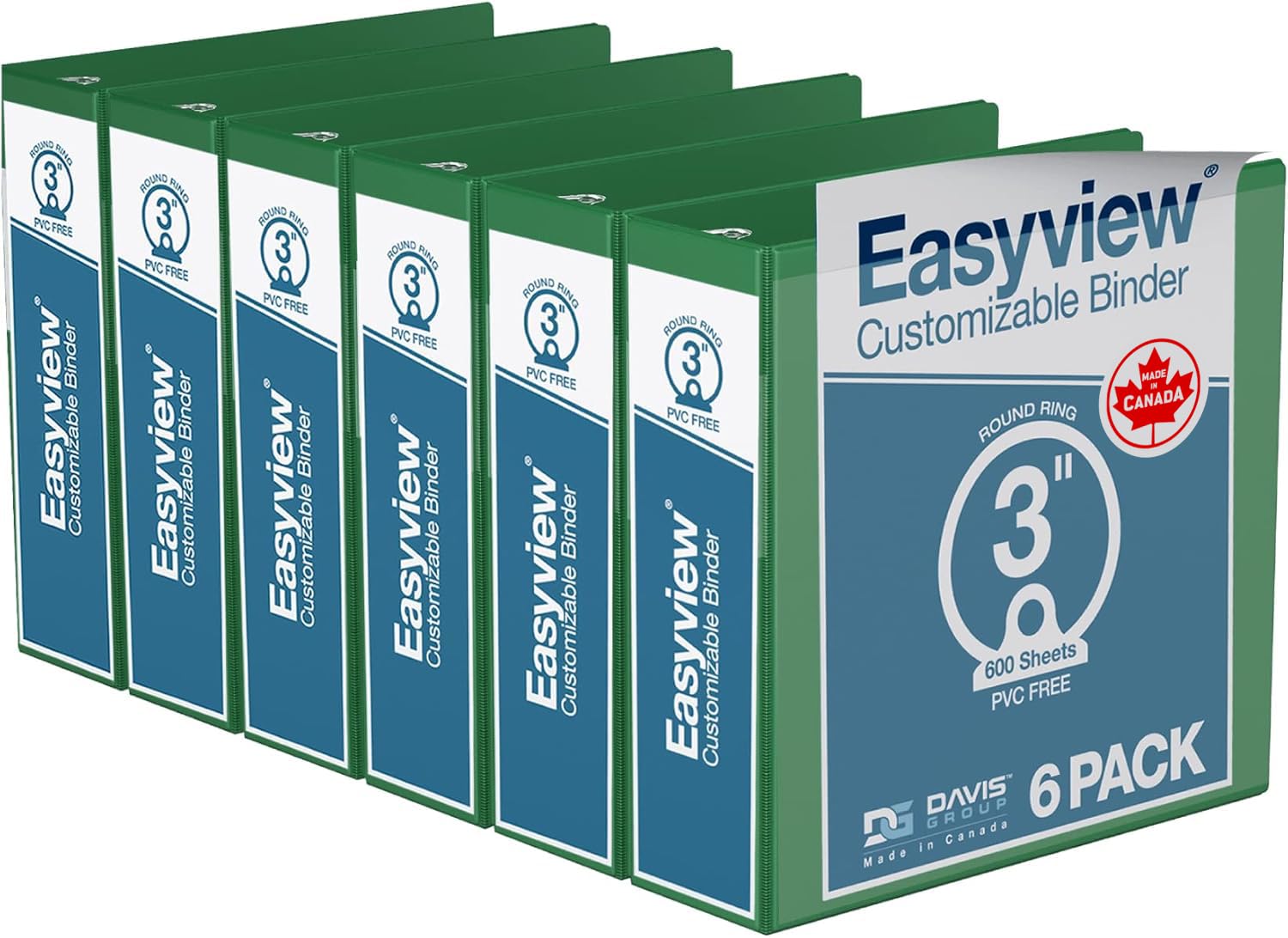 Easyview 3-Ring Binder, Clear-View Cover, 3" Round Rings, Green, 6 Pack