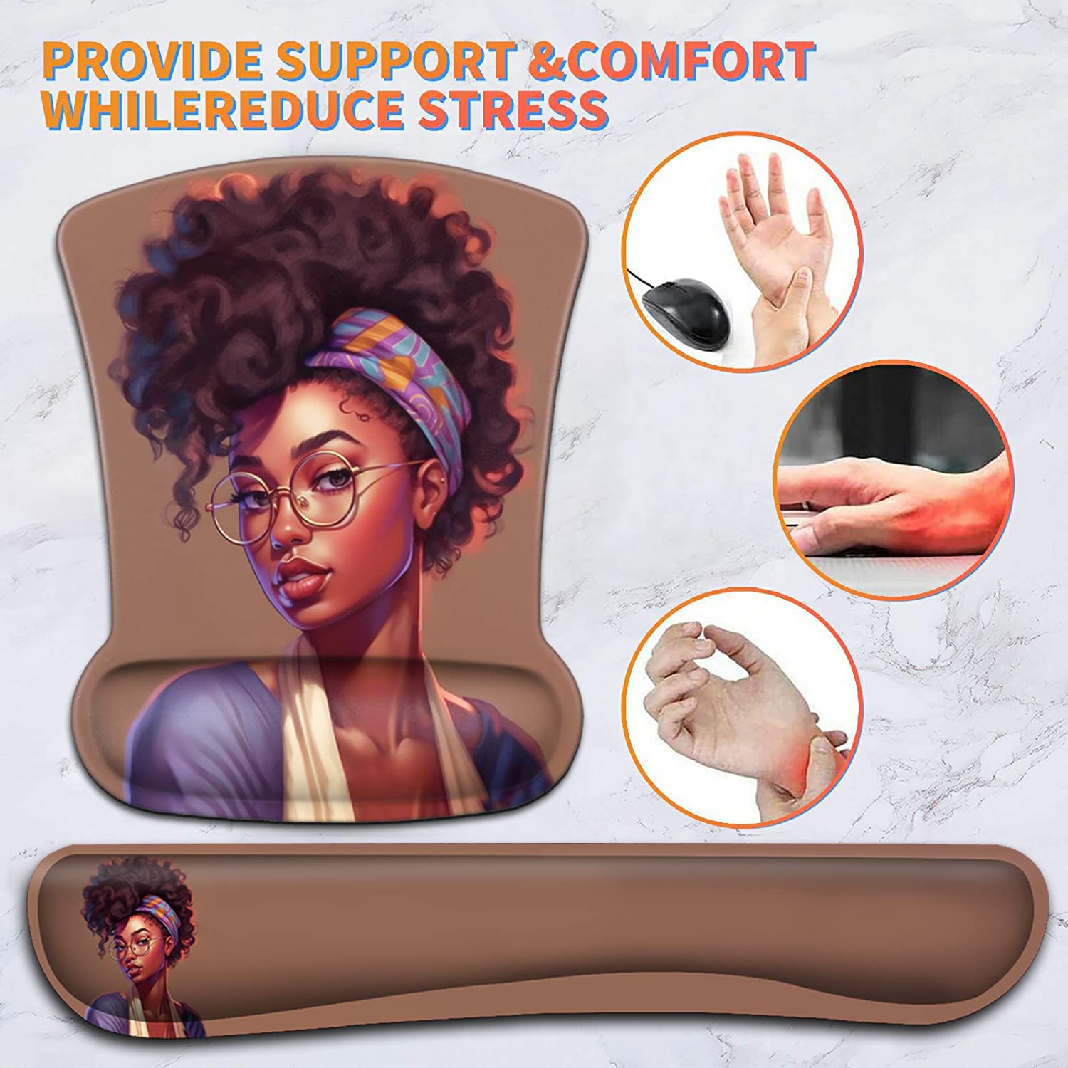Ergonomic Mouse Pad Wrist Support Gel and Keyboard Wrist Rest Set American Women African Black