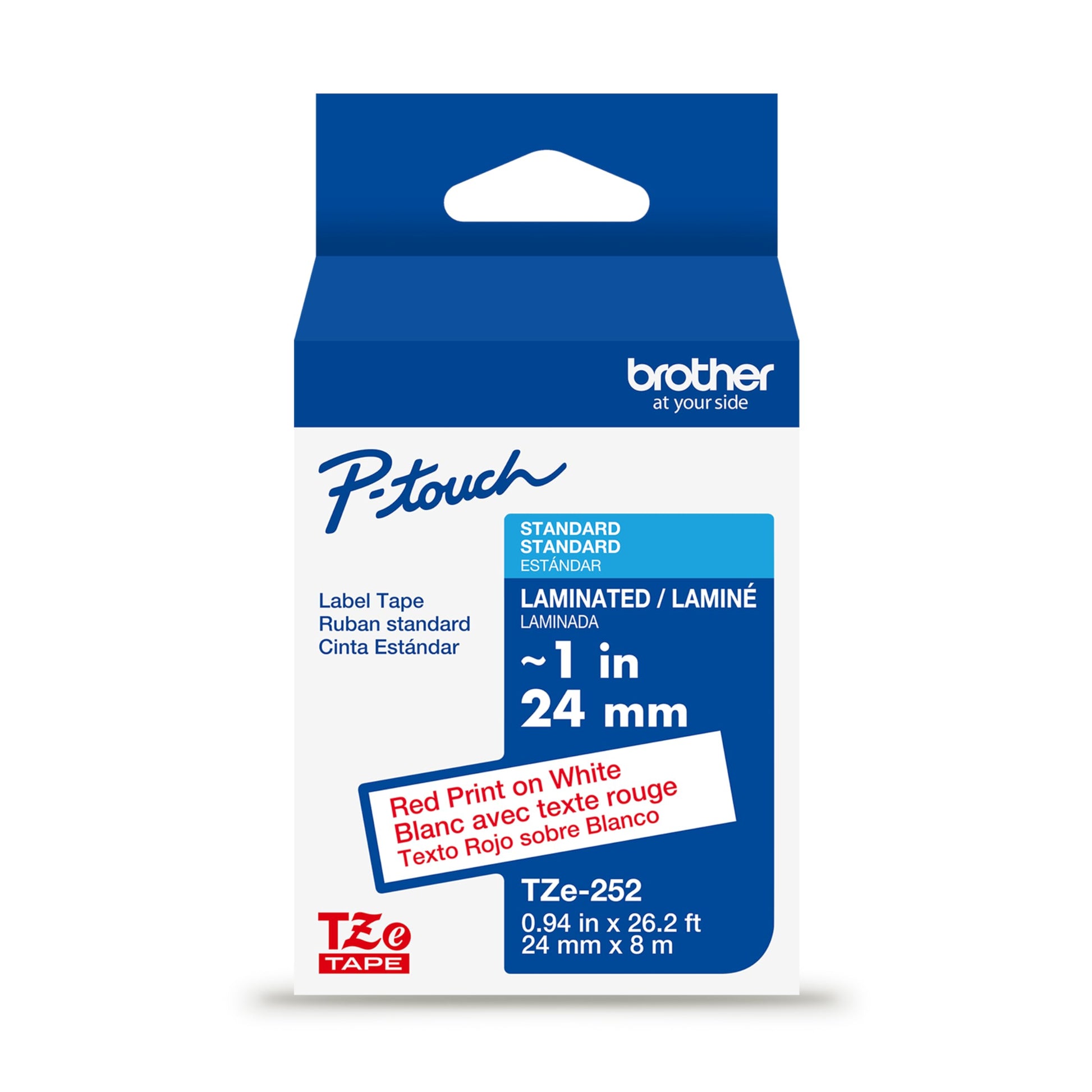 Brother Genuine P-Touch TZe Red Print on White Label Tape (TZe252), Laminated,1in x 26.2ft (24mm x