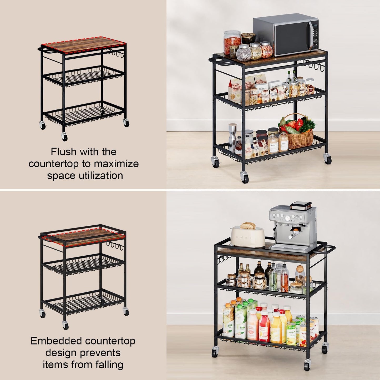 Microwave Kitchen Cart – 3 Tier Rolling Kitchen Utility Cart for Microwave Table Stand, Coffee