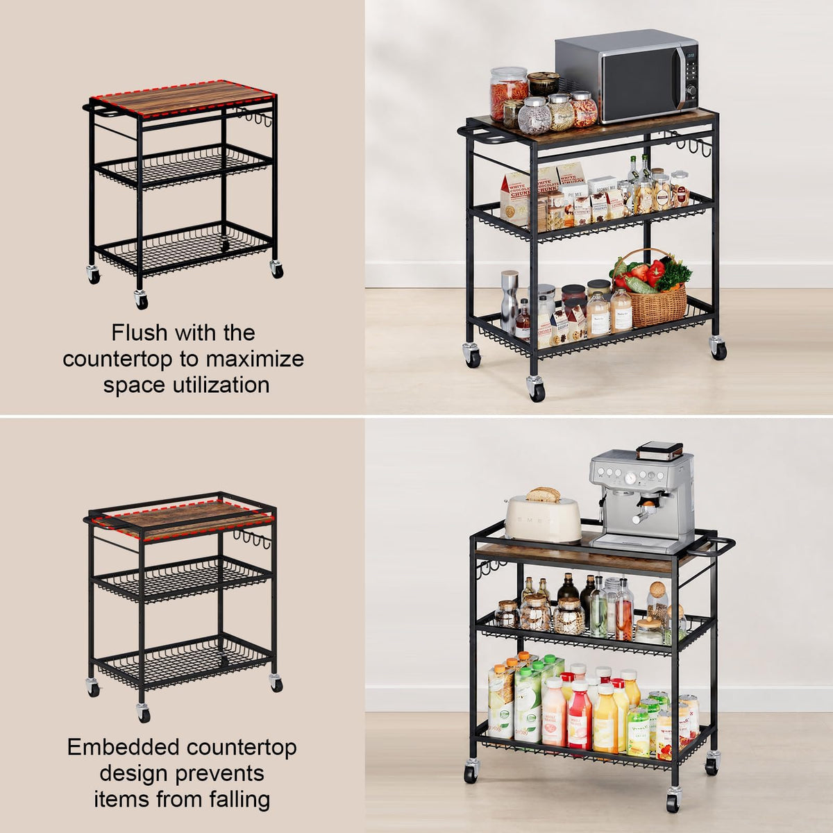 Microwave Kitchen Cart – 3 Tier Rolling Kitchen Utility Cart for Microwave Table Stand, Coffee