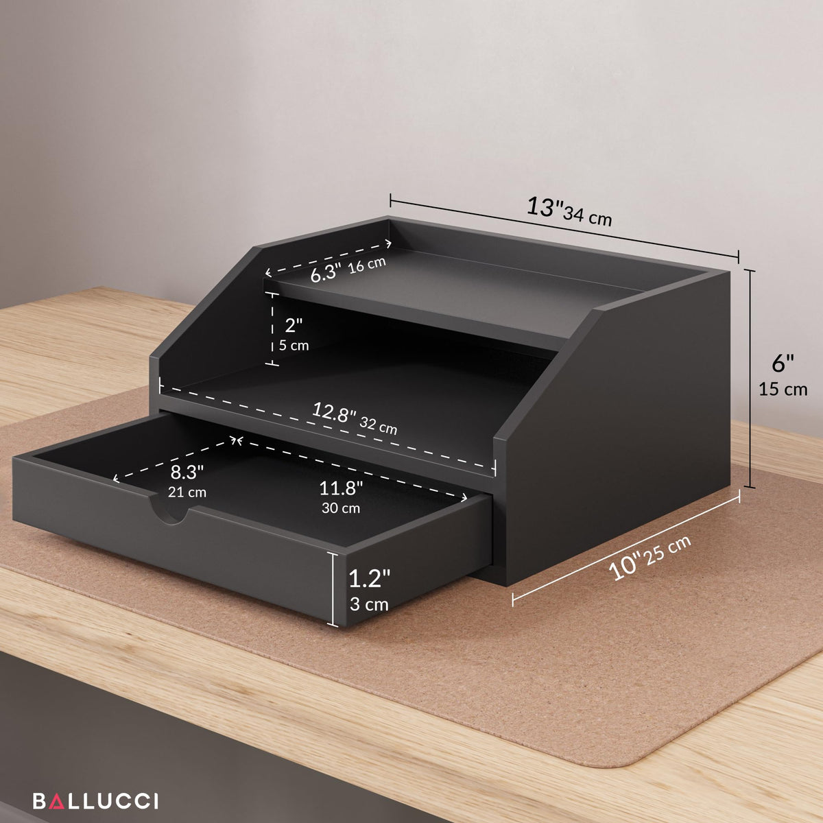 Ballucci Desk Organizer with Drawer, 2 Tier Paper Office Supplies Desk Organizer, 13 2/5" x 9 3/5"