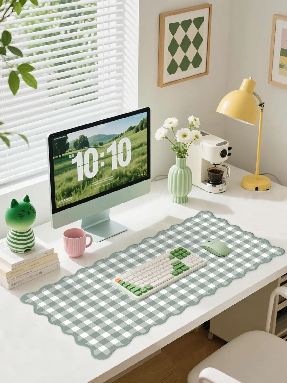 Scalloped‌ Sage Green Checkered Desk Mat Cute Pastel Large Gaming Mouse Pad Gingham Kawaii