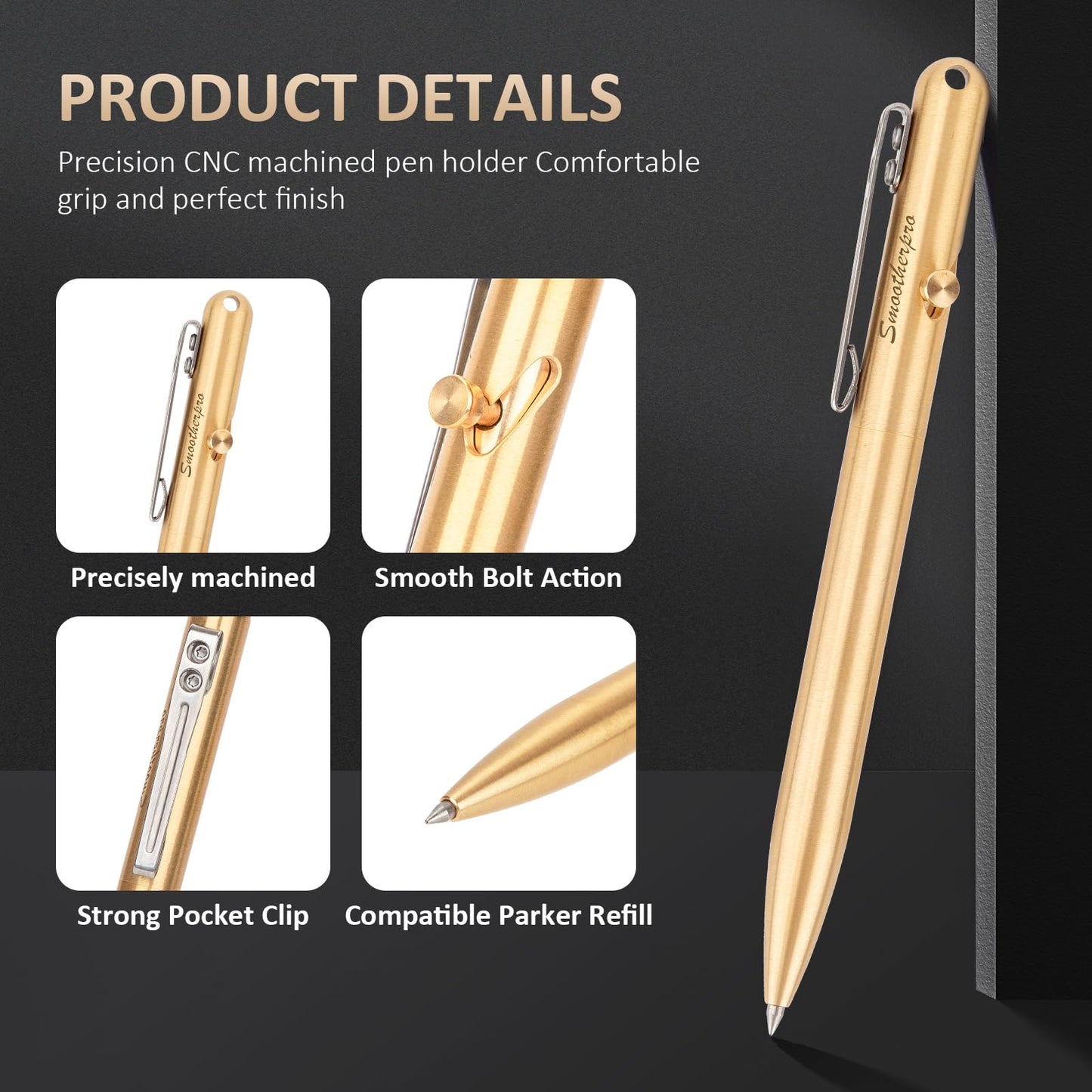 SMOOTHERPRO Solid Brass Bolt Action Pen，Compatible with Parker Refill