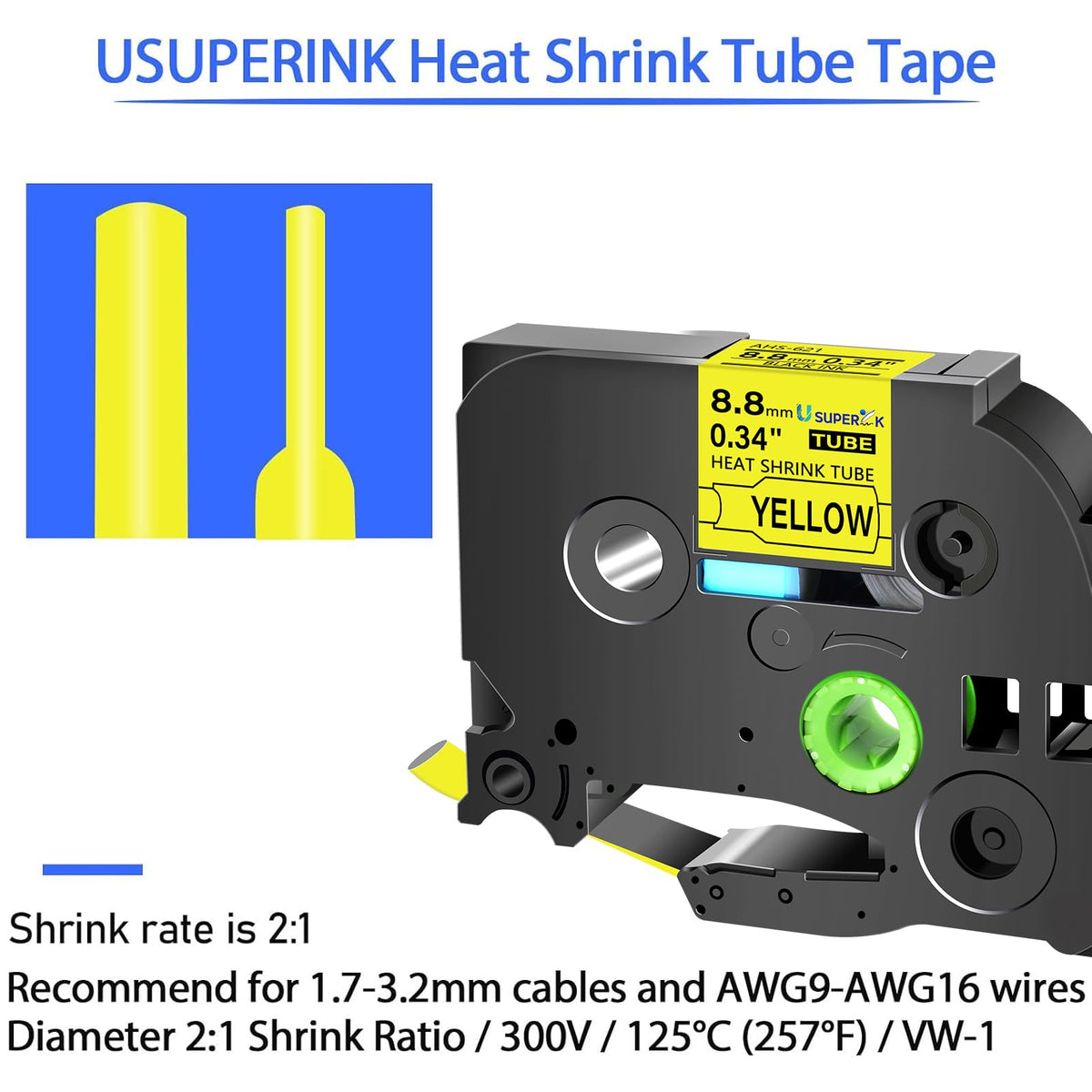 USUPERINK 2PK Compatible for Ptouch HSe-621 HSe621 HS-621 HS621 Black on Yellow 8.8mm 0.34'' Heat