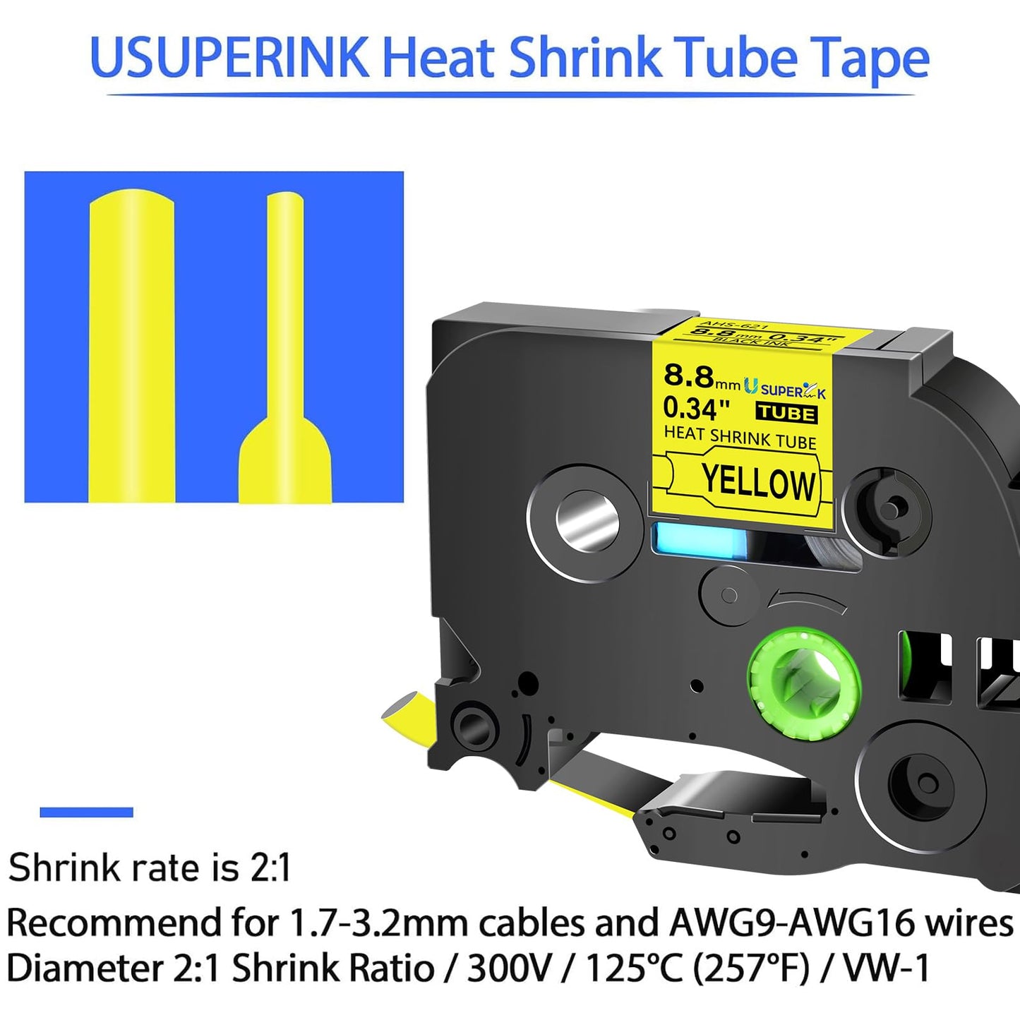 USUPERINK 3 Pack Compatible for Brother Ptouch HSe-621 HSe621 HS-621 HS621 Black on Yellow 8.8mm