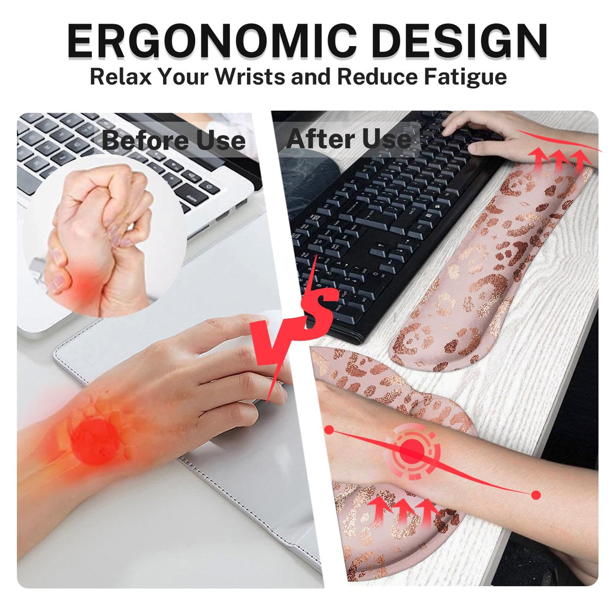 Arttown Keyboard Mouse Pad Set, 4 in 1 Desk Mat Set Leopard Rose