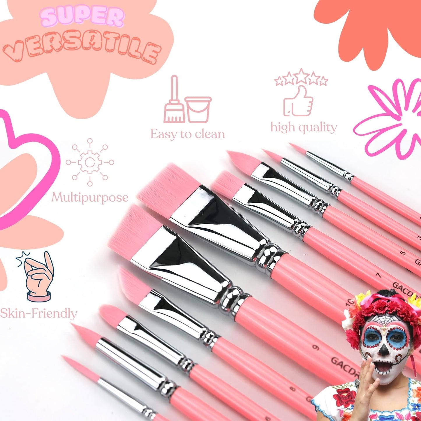 GACDR Face Paint Brush Set, 10 Pcs Professional Face & Body Paint Brushes