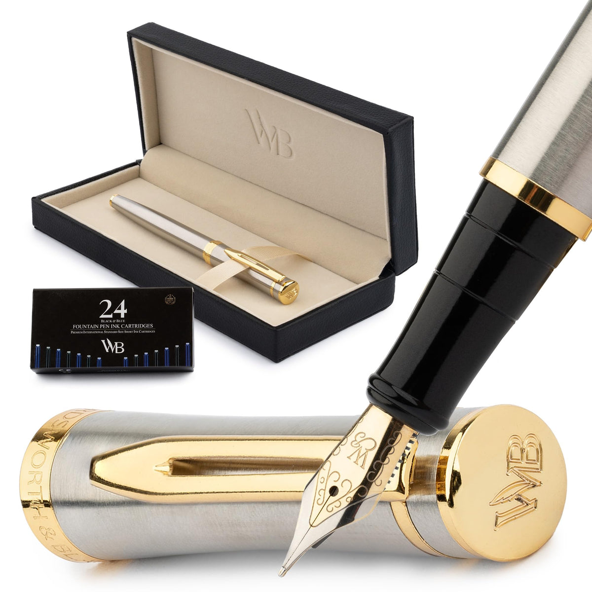 Wordsworth & Black Luxury Fountain Pen Set for Writing, Medium Nib, Silver