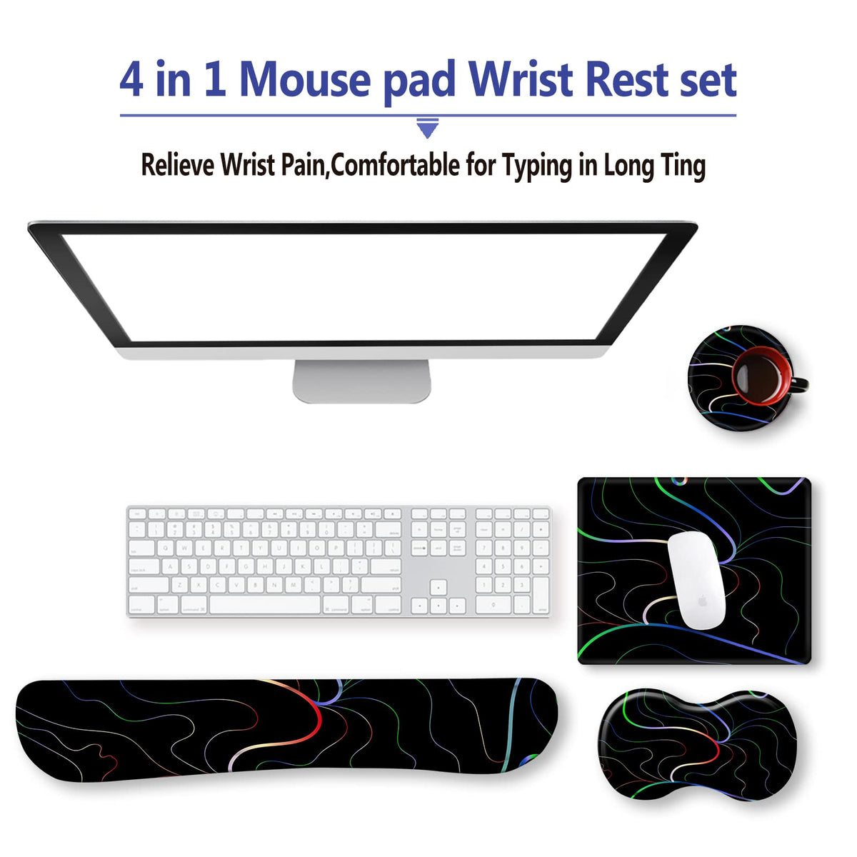 ARTSO Keyboard Wrist Rest Mouse Pad Wrist Support Ergonomic, Memory Foam 4 in 1 Mousepad Non-Slip