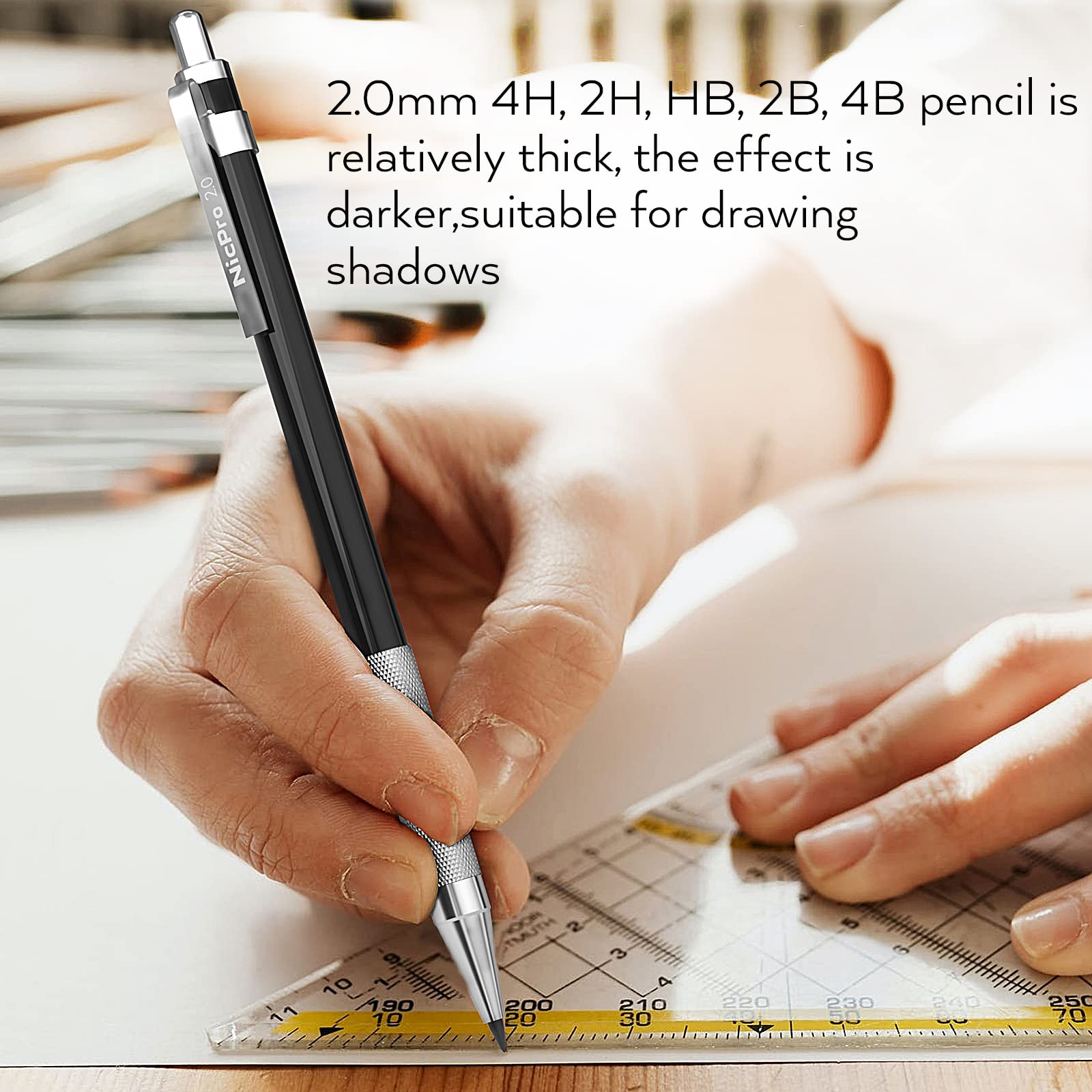 Nicpro 17PCS Metal 2mm Mechanical Pencil Set in Leather Case, 5 PCS 2.0 mm Lead Pencil Holders (4B