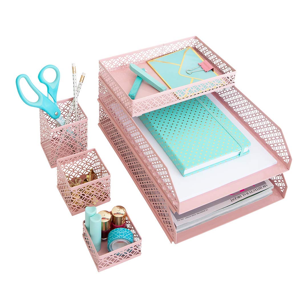 BLU MONACO | Pink Desk Organizer Set for Women 6 Piece | Mail Sorter Organizer Countertop with
