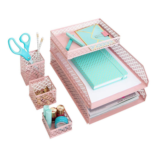 BLU MONACO | Pink Desk Organizer Set for Women 6 Piece | Mail Sorter Organizer Countertop with
