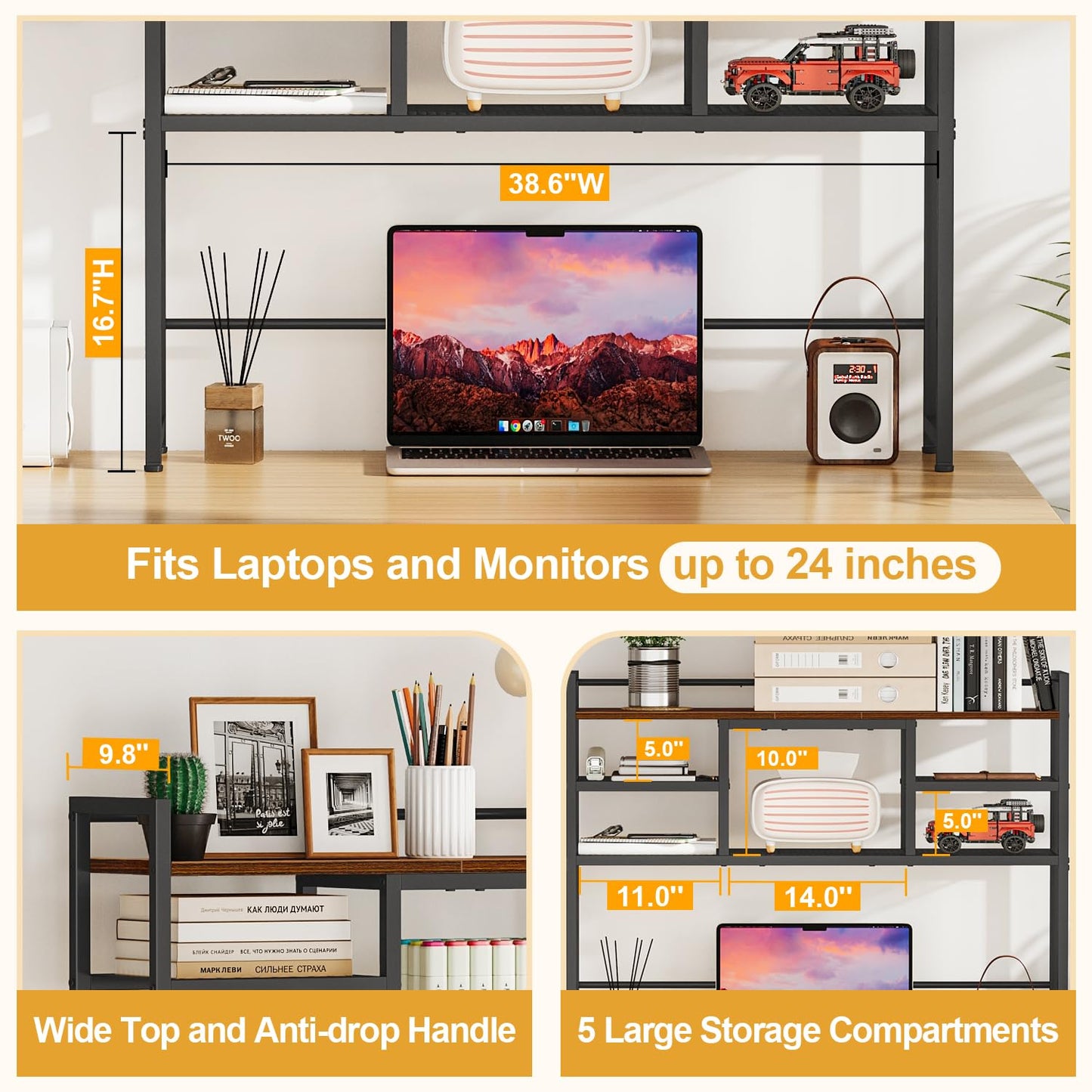 Snughome Desk Shelf, 38.6" Desktop Bookshelf, Desk Hutch Dorm, Countertop Storage Hutch with 5
