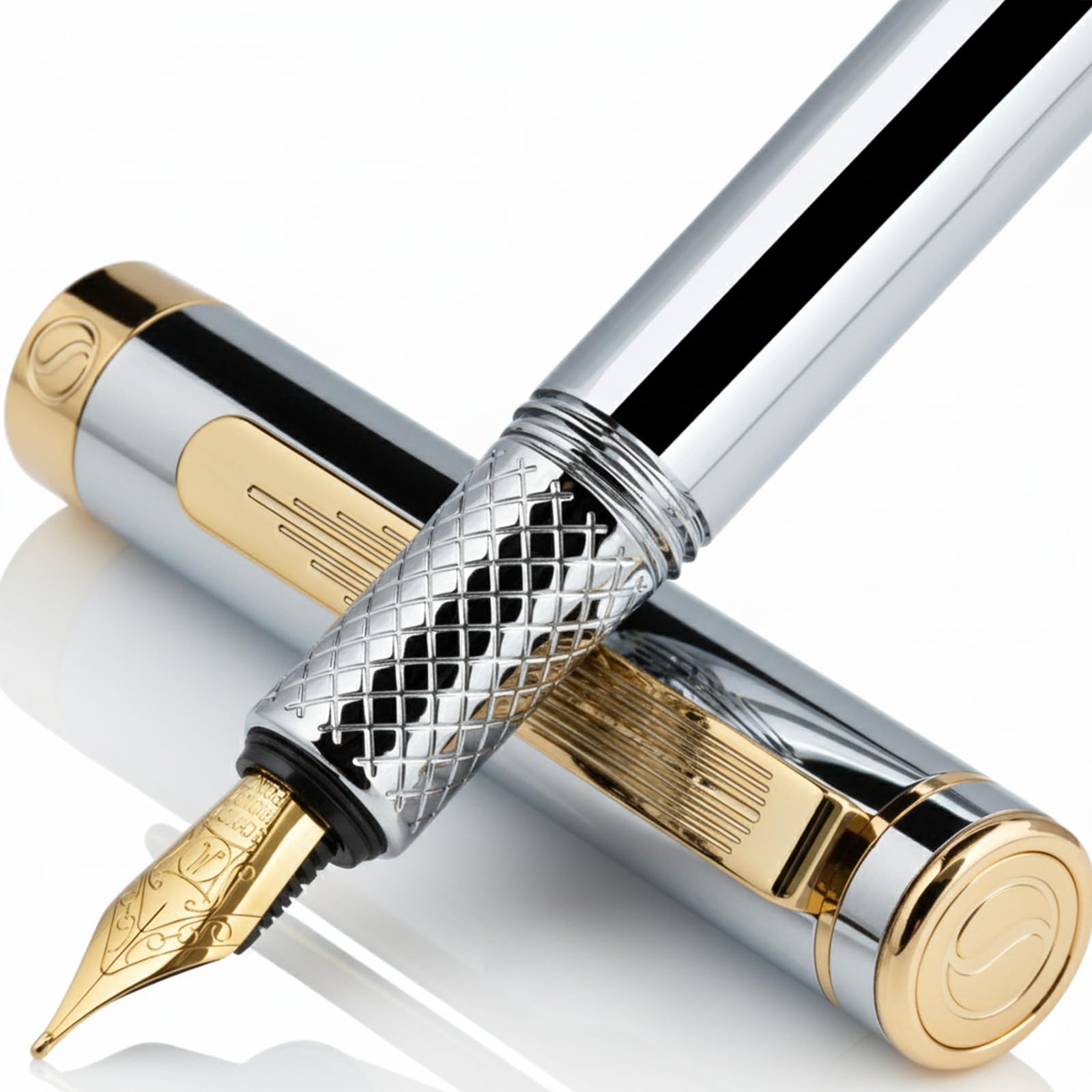 Scriveiner Luxury EDC Fountain Pen (Medium), Stunning Silver Chrome Luxury Pen, Real Gold Plating