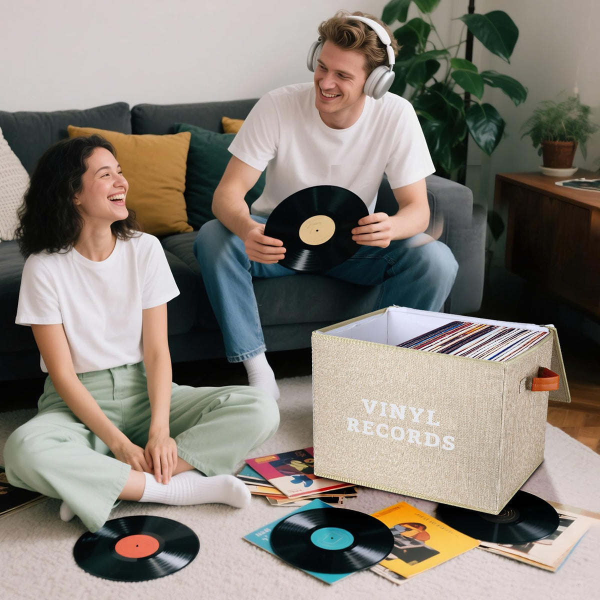 Lukeline Vinyl Record Storage Box, Decorative Moving Box for Records with Handles,LP Record Storage