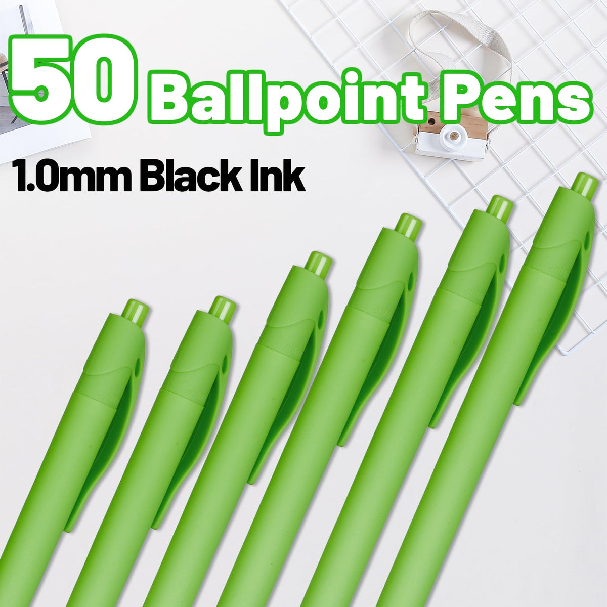 Wiaziert BallPoint Pens, 50 Pack (BLACK Ink),Bulk Pens, Light Green Barrel,Click Pens for Office