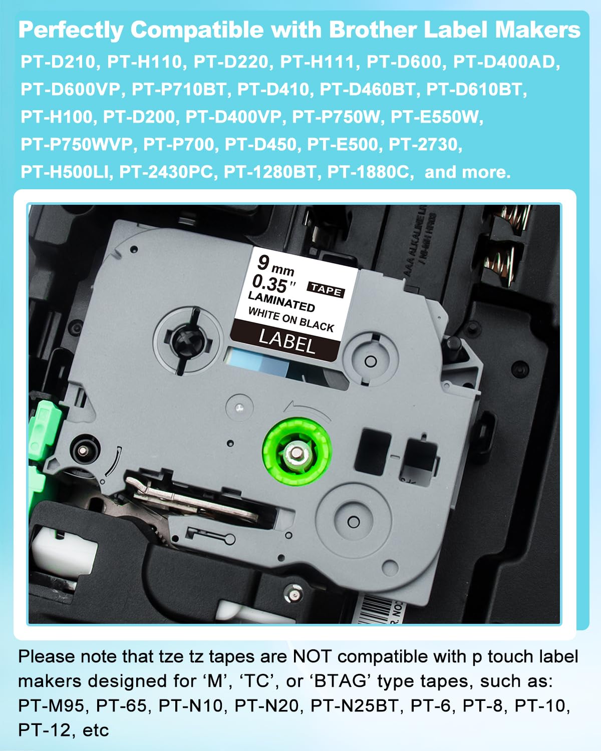9mm 0.35" Laminated Black Label Tape Relpace for Brother TZe-325 Refills