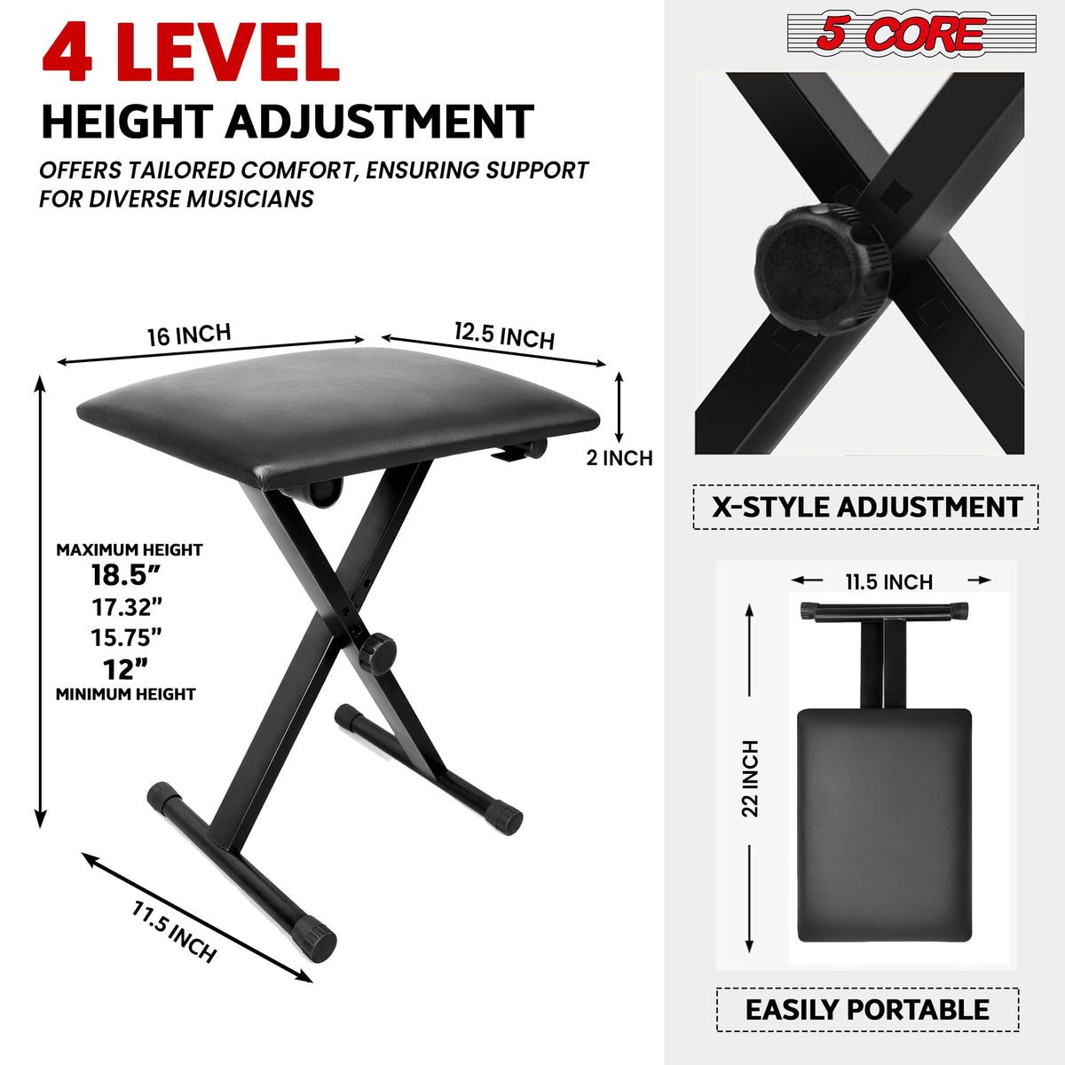 5 CORE Keyboard Bench X Style Padded Cushion Height Adjustable Piano Stool Seat Portable Keyboard