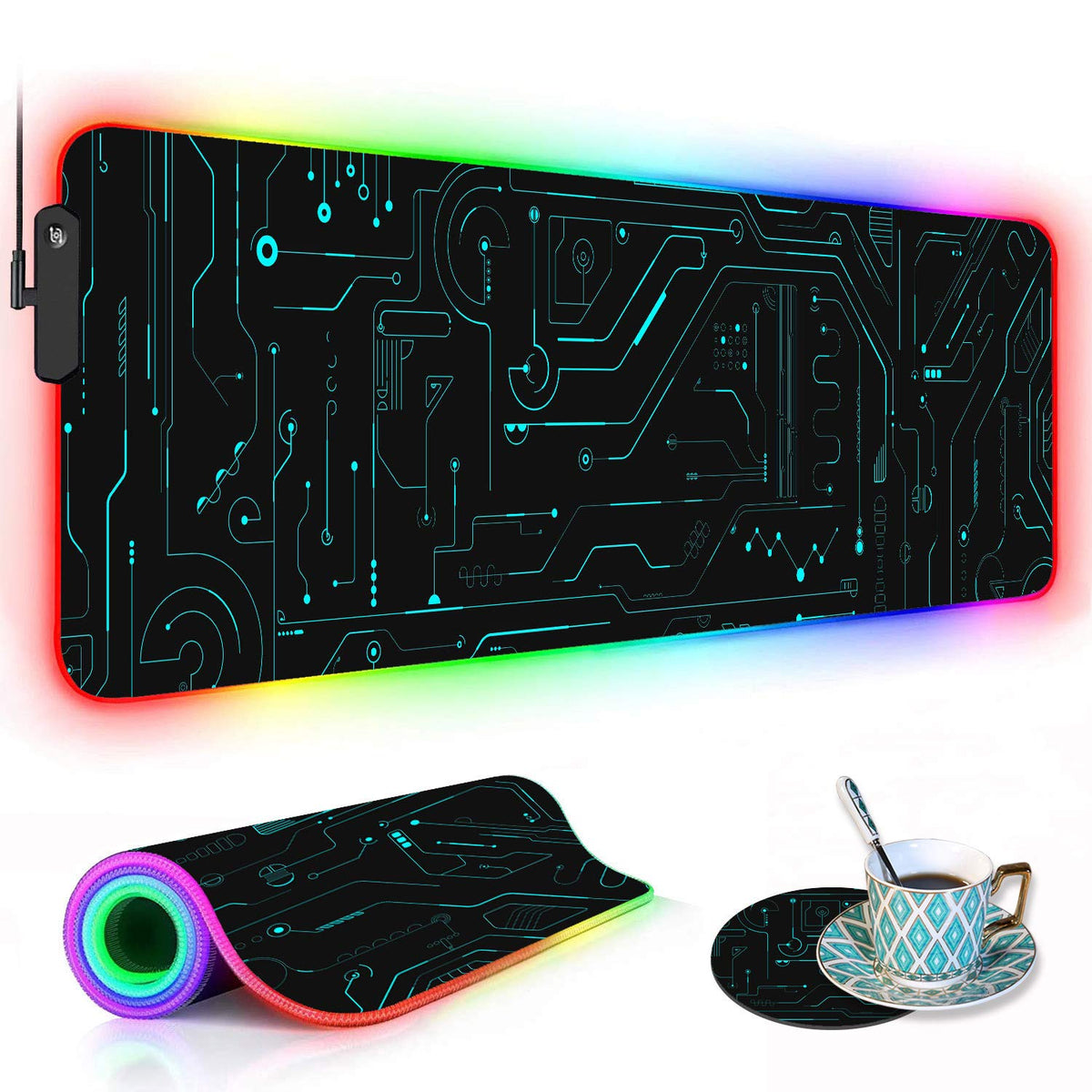 RGB Gaming Mouse Pad with Coffee Coaster, XXL Large Glowing LED Mousepad, Anti-Slip Rubber Base
