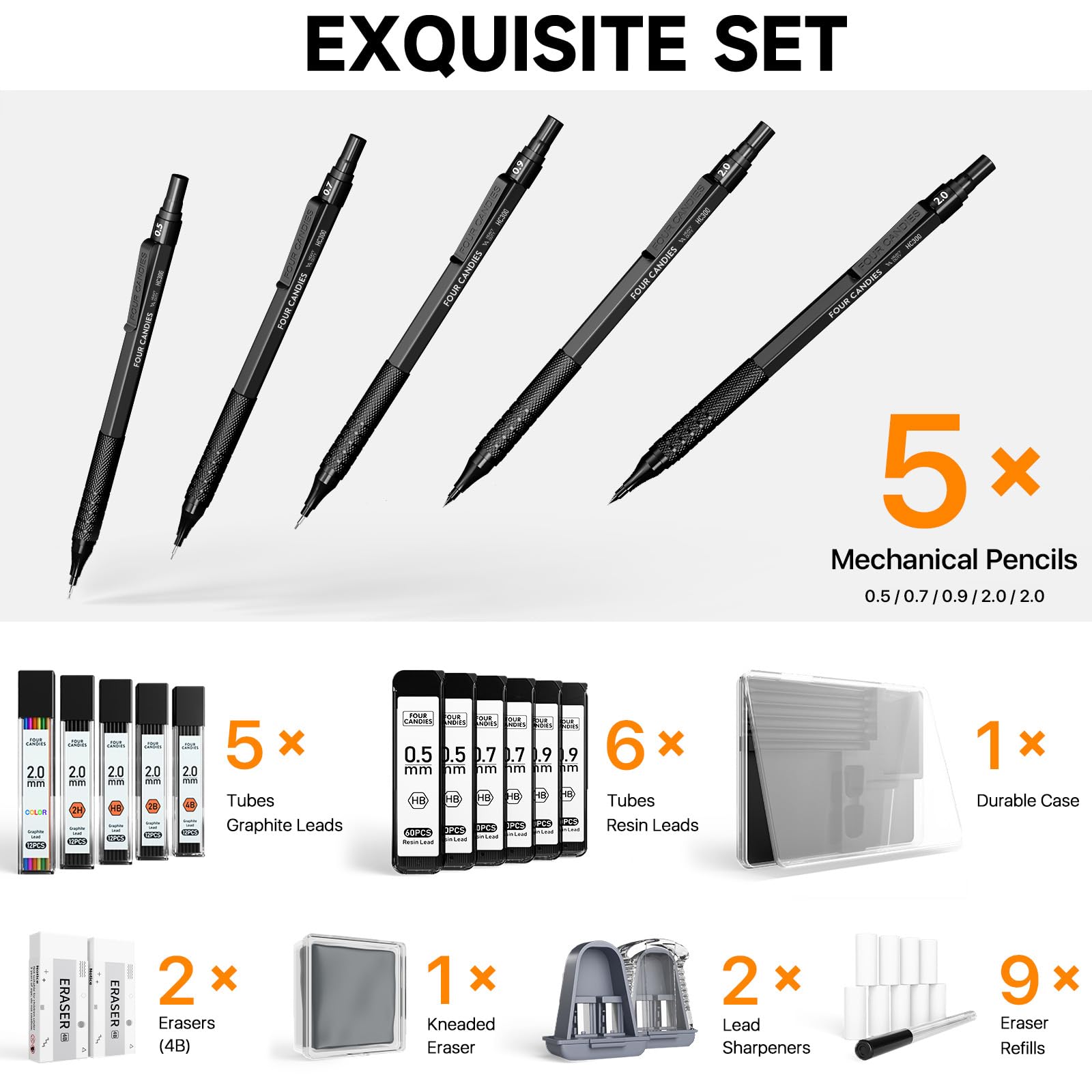 Four Candies Metal Mechanical Pencil Set, 3PCS Art Drafting Pencils 0.5, 0.7, 0.9MM & 2PCS 2MM