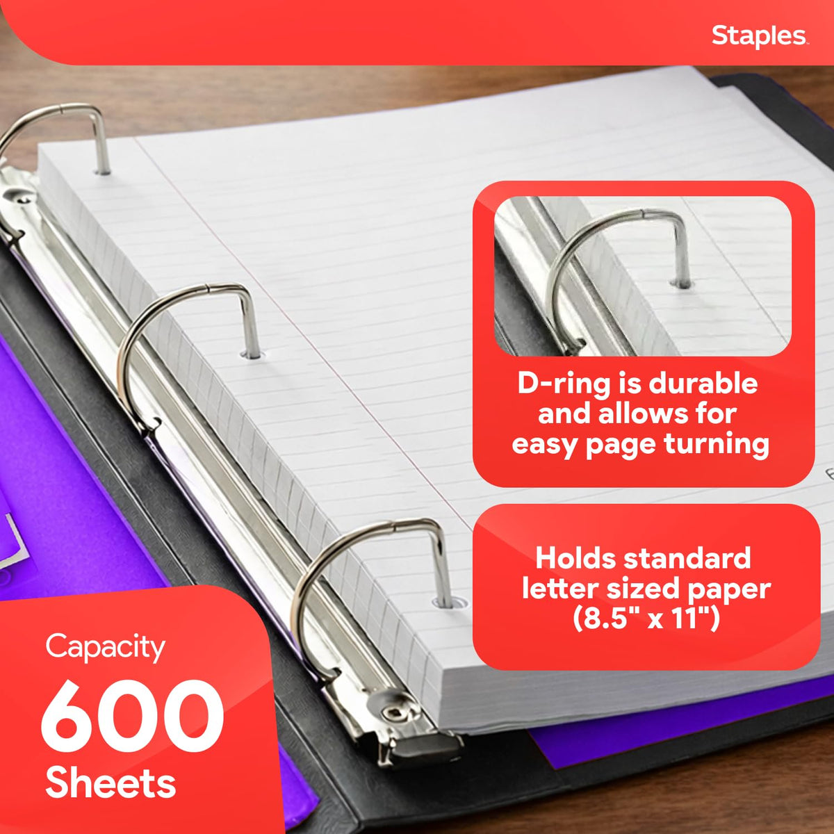 Staples Better 3-Inch D-Ring Binder, Purple, Heavy-Duty
