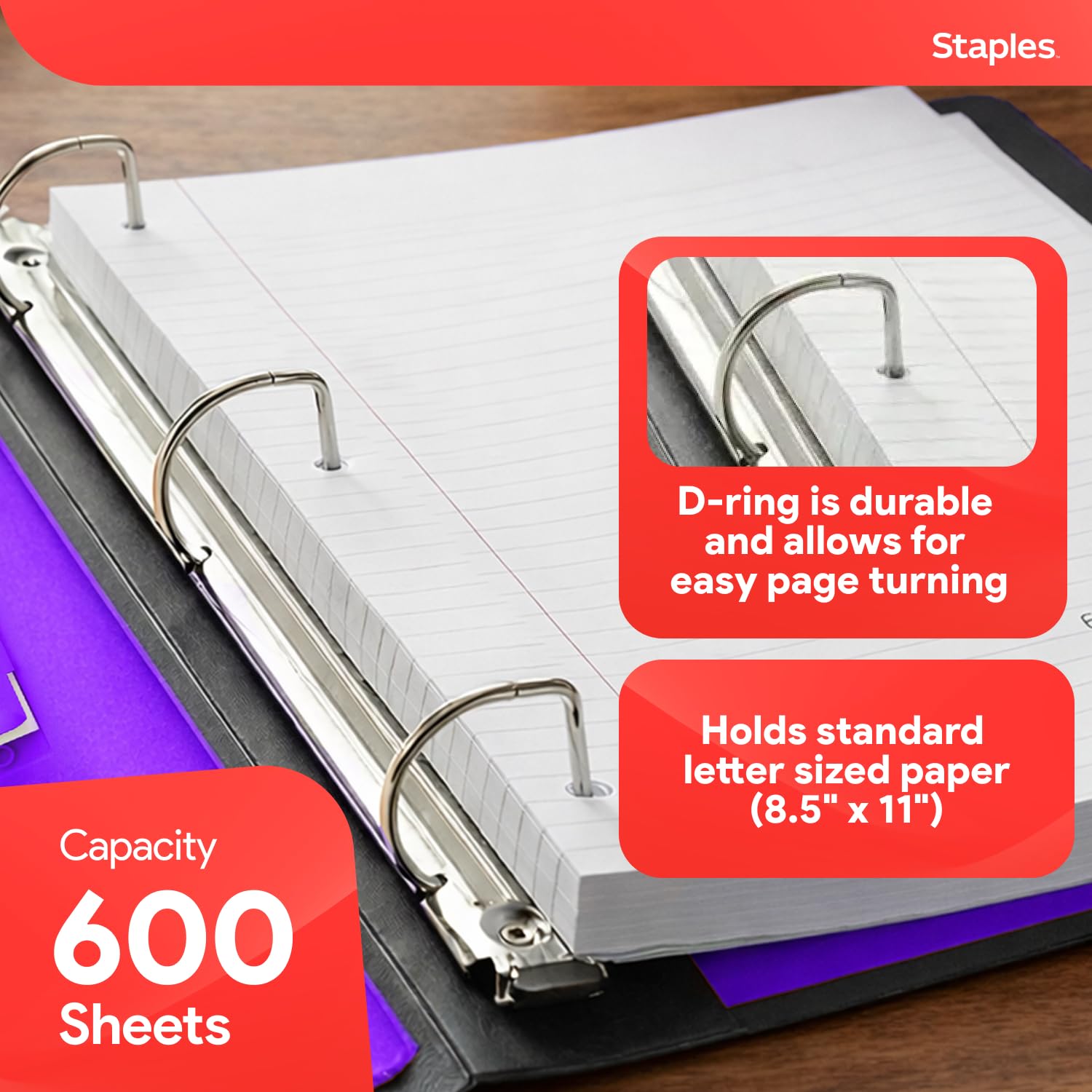 Staples Better 3-Inch D-Ring Binder, Purple, Heavy-Duty