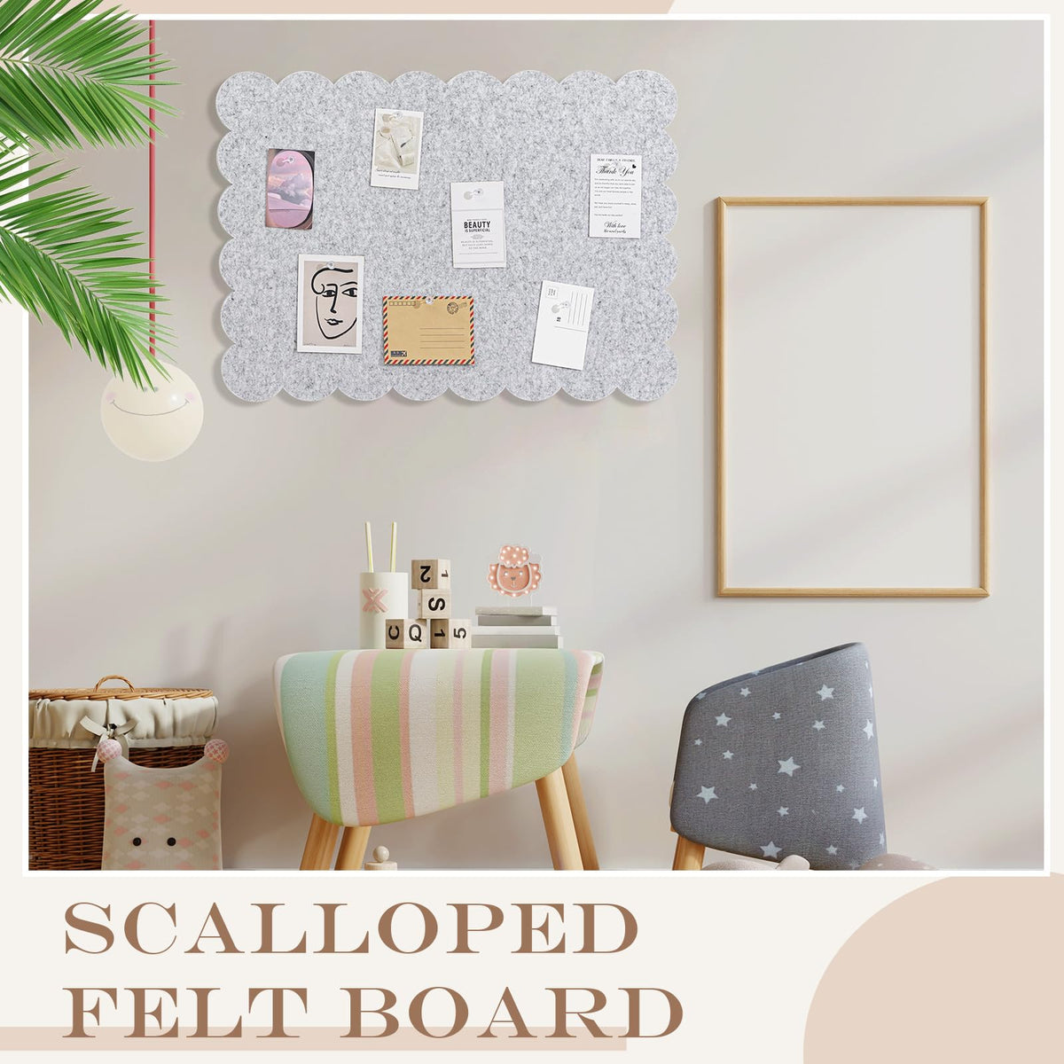 Mooliwe Scalloped Felt Bulletin Cork Board Foldable Light Gray 36 * 24 Inch