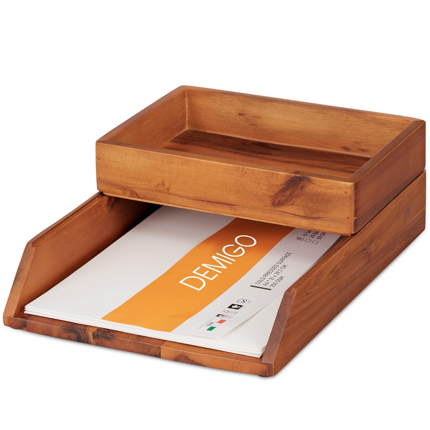 DEMIGO Desk Organizer Letter Tray Set of 2, Natural Acacia Wood Paper Tray