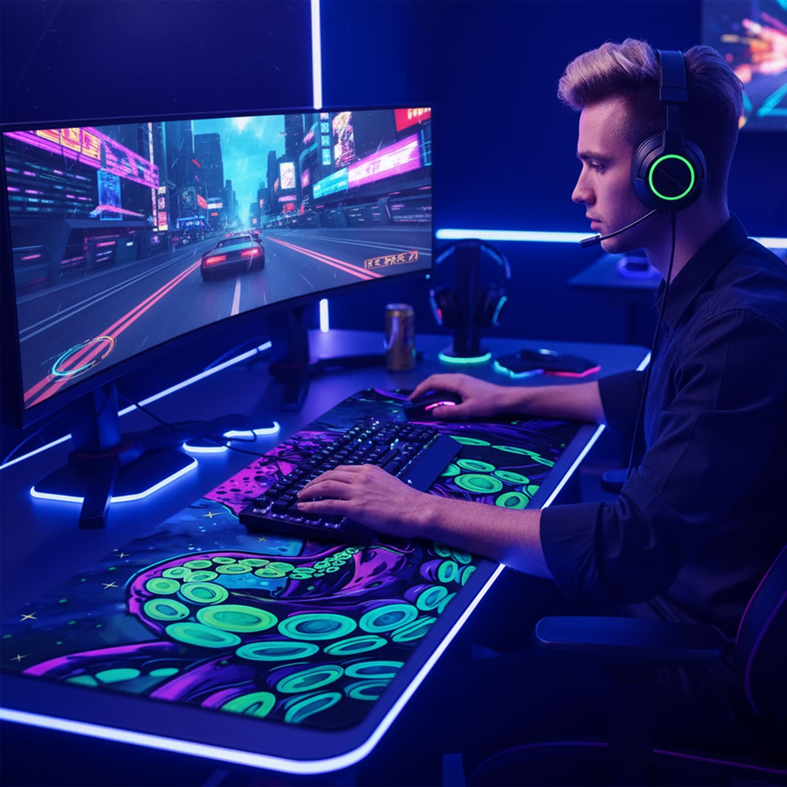 Simpkeely Blacklight Octopus Gaming Mouse Pad – UV Reactive Kraken Tentacles Desk Mat, Neon Glow in