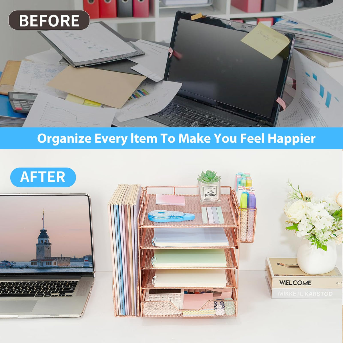 Gugsey 5-Tier Desk File Organizer with Drawer & Pen Holder (Rose Gold)