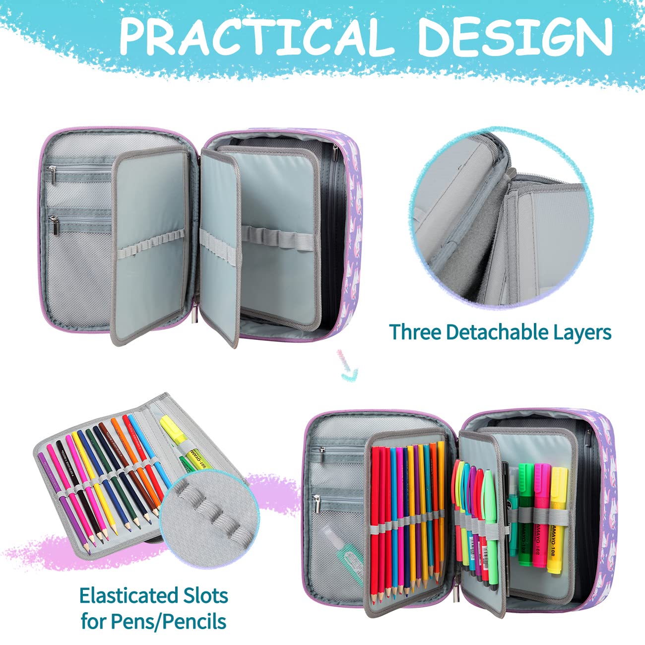 VASCHY Large Pencil Case, Art Color Pencils Pouch with Detachable Layers Multiple Zip Pockets for