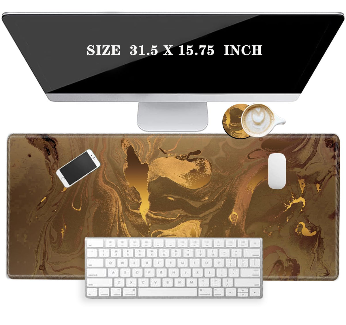Large Mouse Pad Gold Marble Mousepad Gaming Desk Mat XXL 31.5''X15.75'' Desk Pad Big Computer Mat