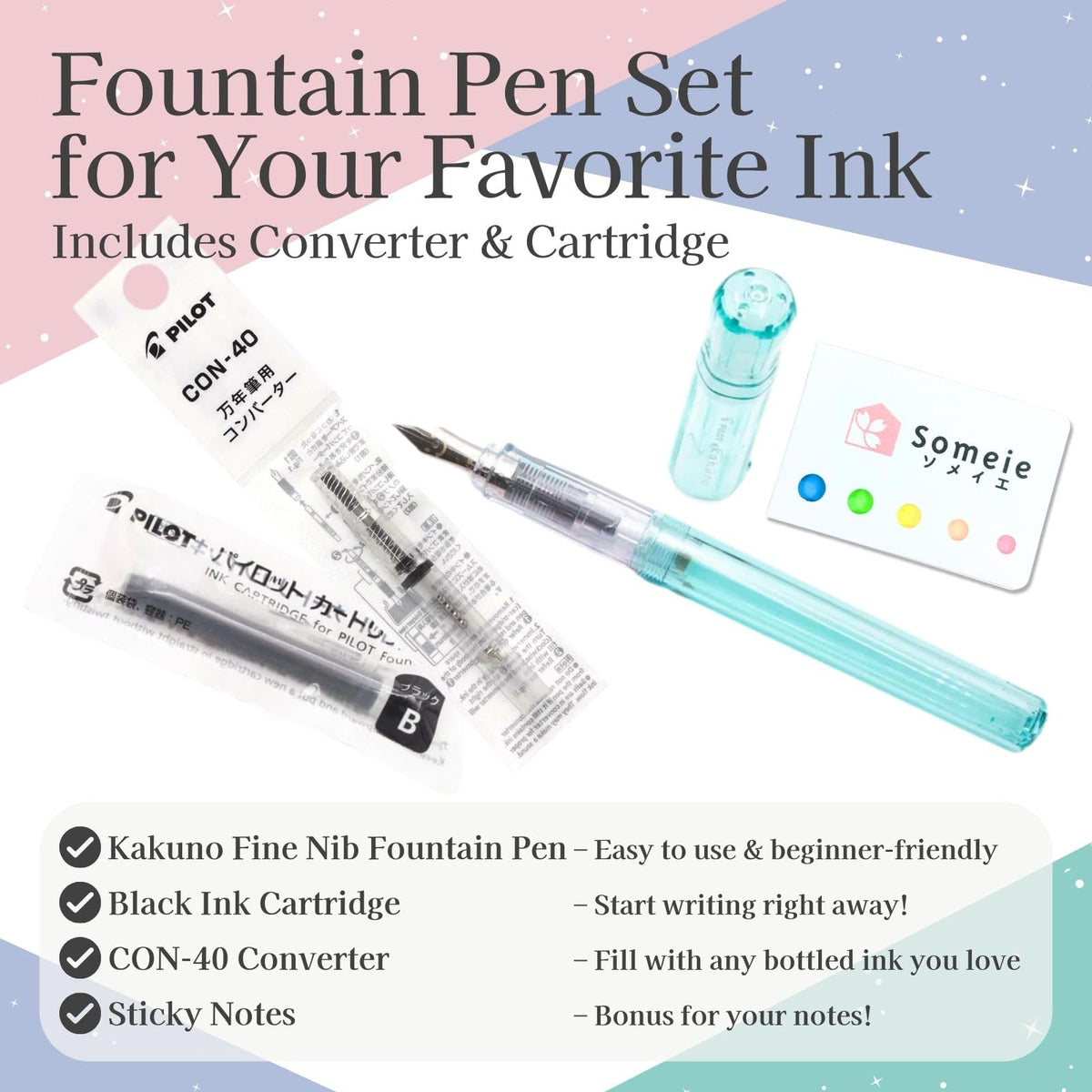 Someie Fountain Pen Set CON-40 Converter & Kakuno Fine Nib with Black Ink Cartridge & Sticky Notes