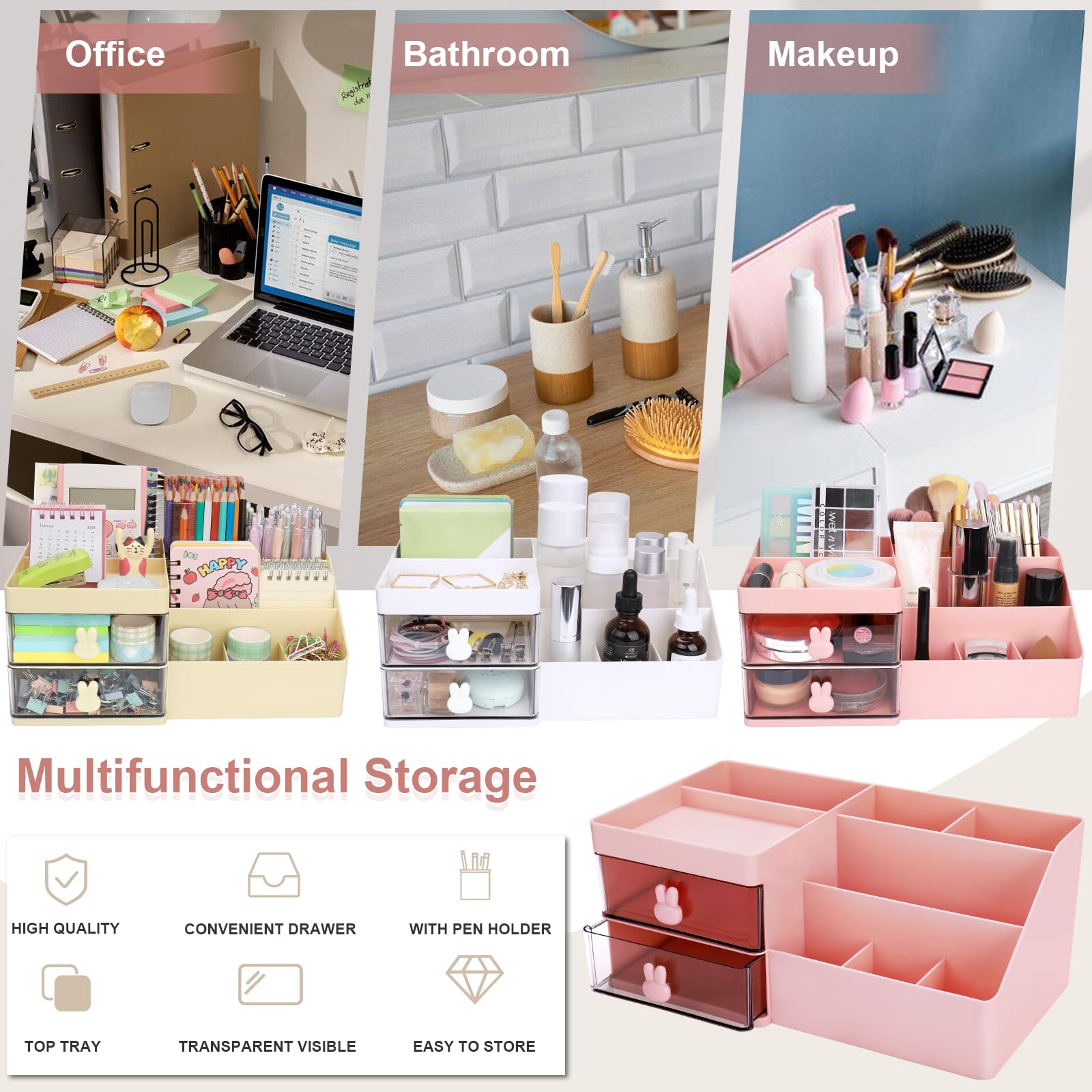 Meiikun Desk Organizer, Makeup Organizer with 2 Drawers, 7 Compartment & a Top Tray, Desktop