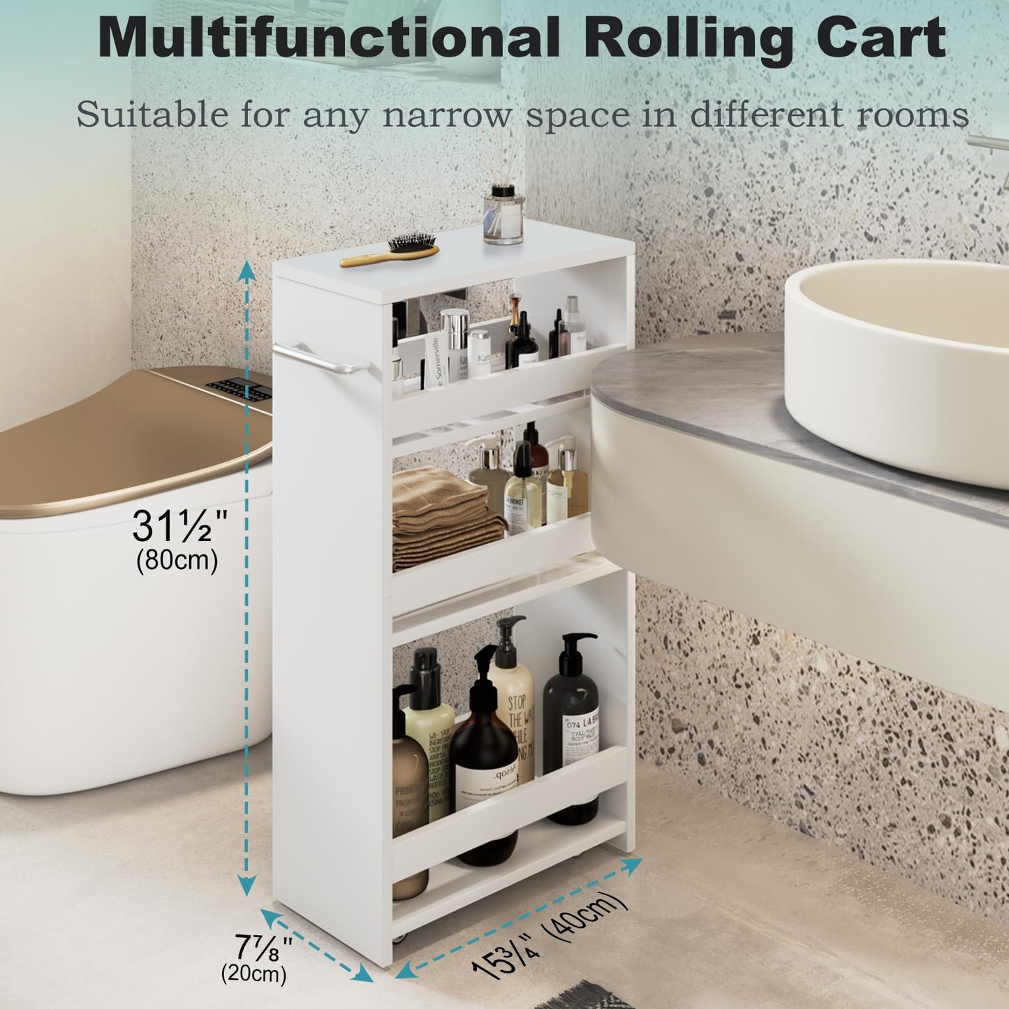 MARTY Slim Rolling Storage Cart, Wood Utility Kitchen Bathroom Laundry Cart