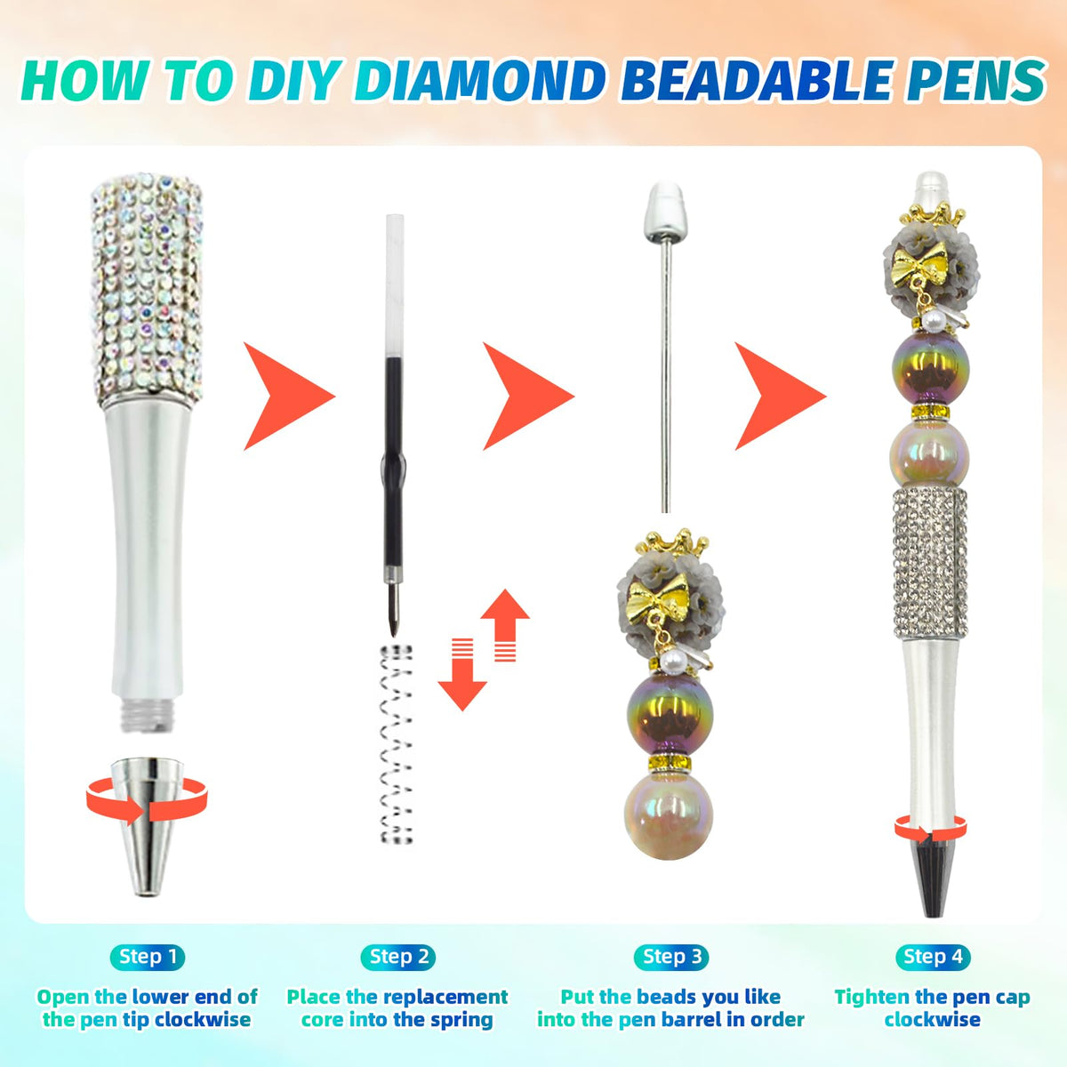 DASTTUIS 150 Pcs DIY Diamond Beadable Pen Kit - 50 Plastic Rhinestone Beaded Pens Bulk with Refills