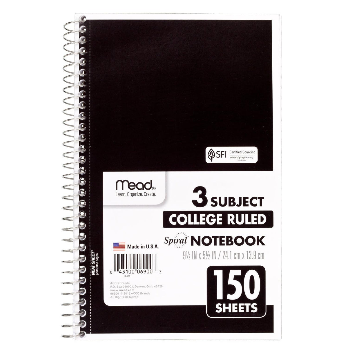 Mead Small Spiral Notebook, 3-Subject, College Ruled Paper, 9-1/2" x 5-1/2", 150 Sheets per