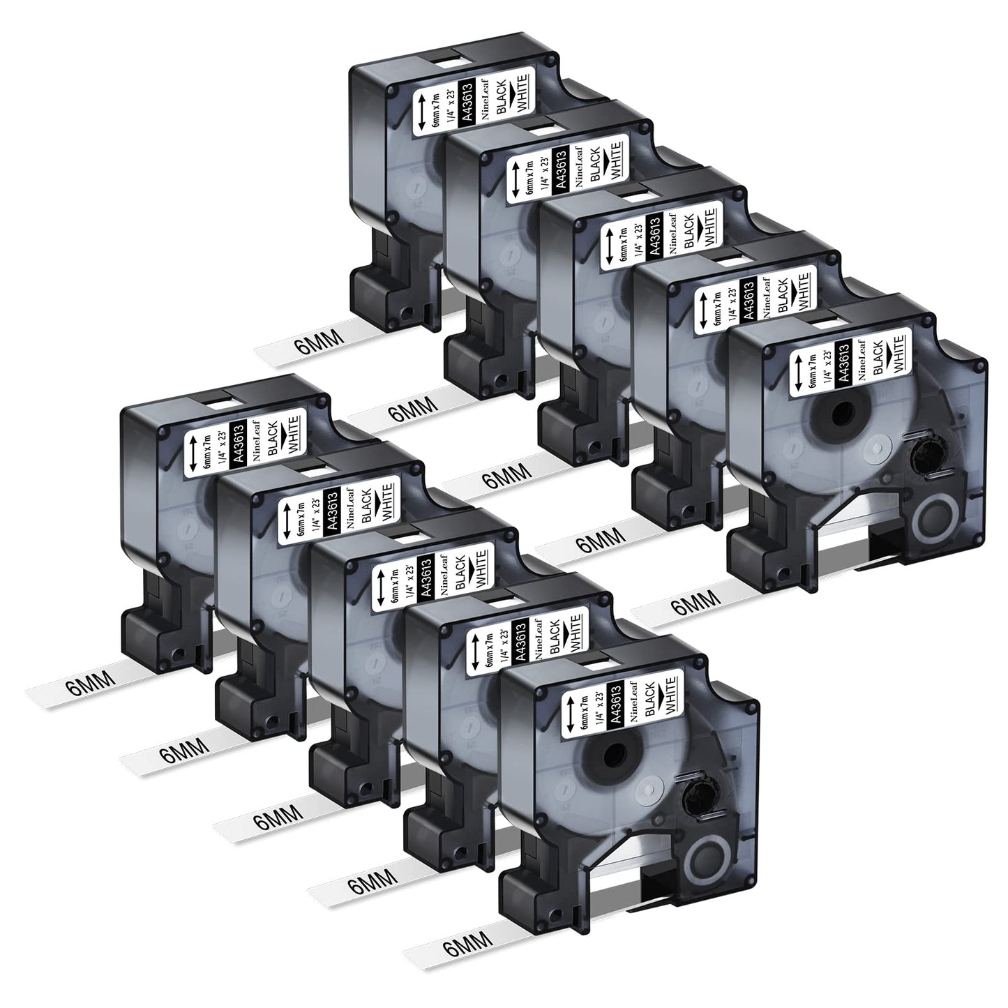 NineLeaf 10 PK Compatible for Dymo D1 43613 S0720780 Label Tape 6mm 1/4 Inch Black on White Refill
