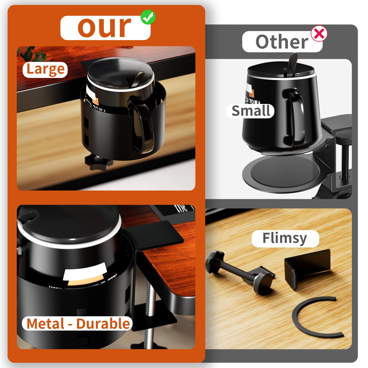 OOKUU Anti-Spill Large Desk Cup Holder Clamp, Metal Table Cup Holder(Black)