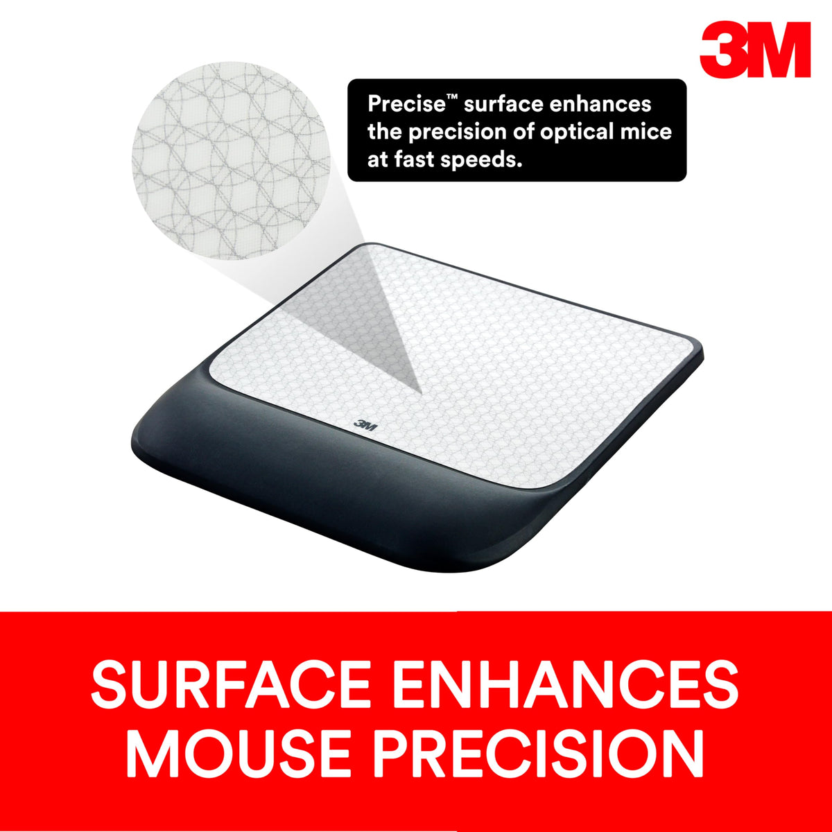 3M Precise Mouse Pad with Gel Wrist Rest, 8.4 in x 8.8 in, Black